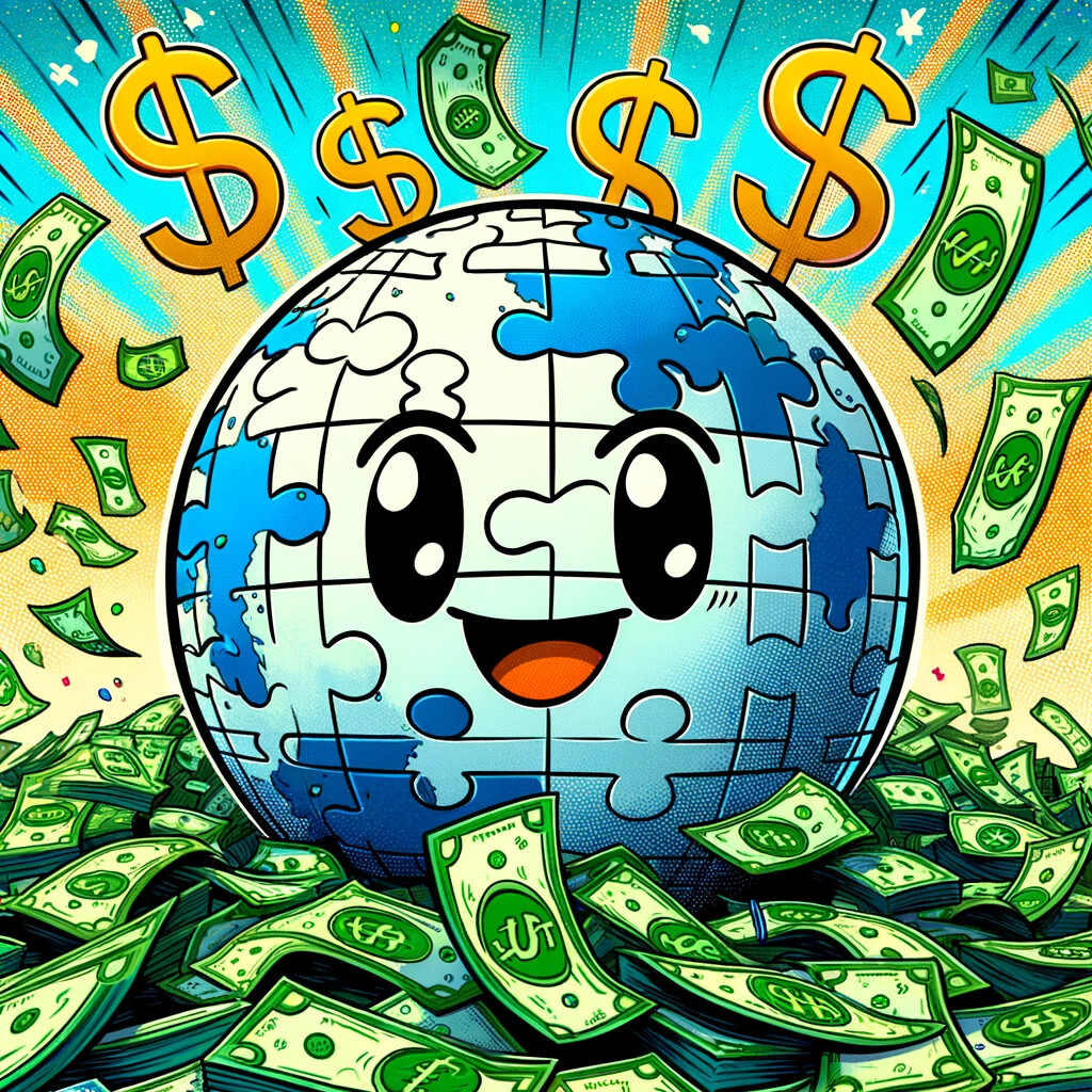 Bild: Wikipedia-Logo schwimmt im Geld (KI-generiert)