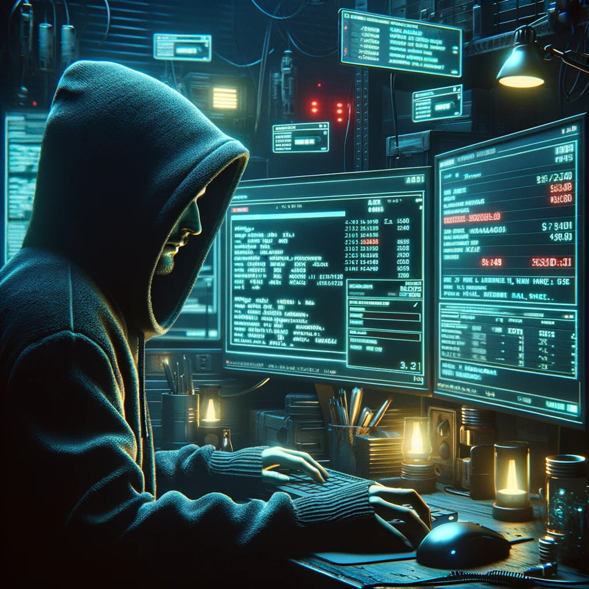 Bild: Hacker vor Computer-Bildschirmen (Cliché-Bild, KI-generiert)