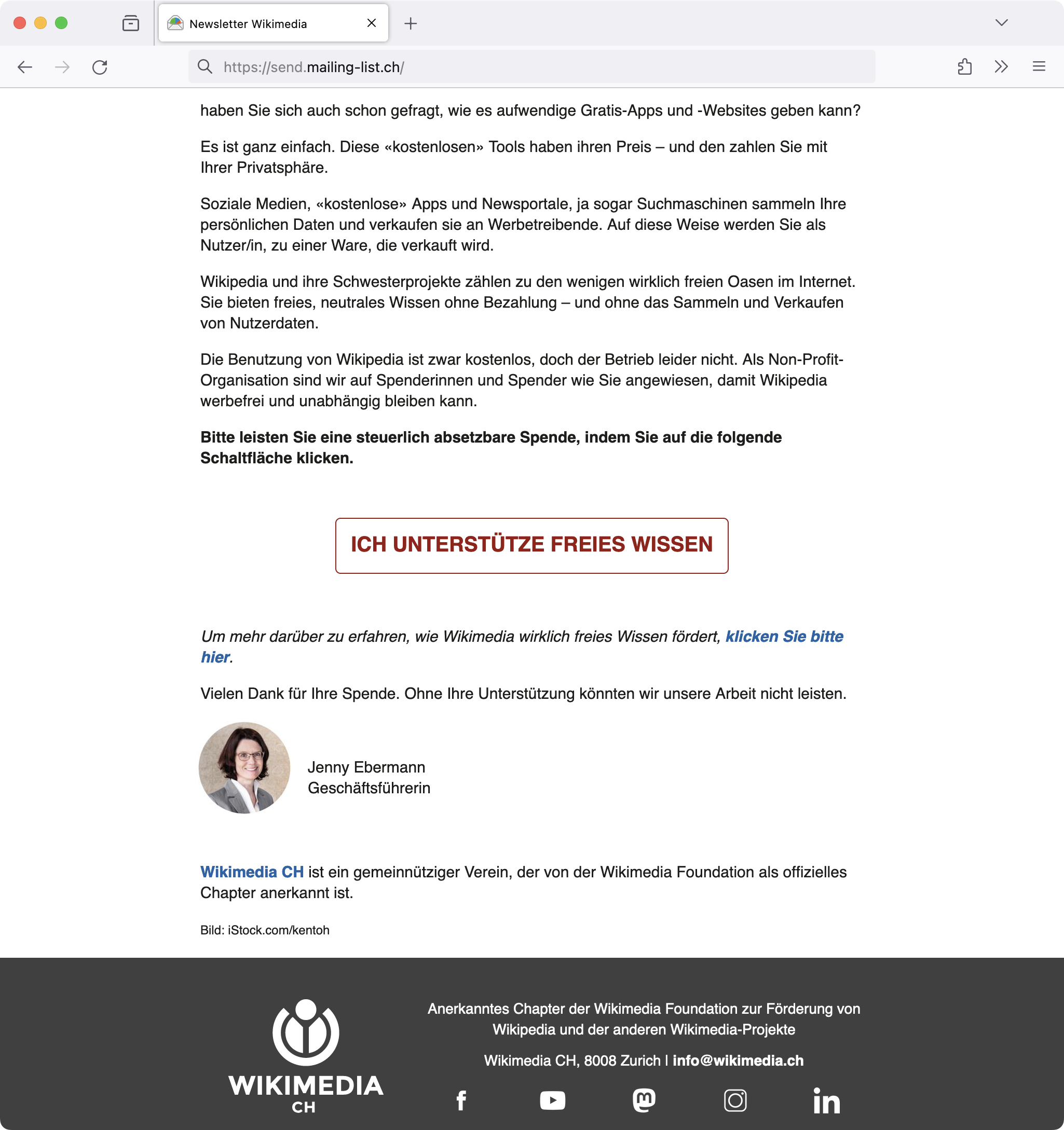 Screenshot: Spenden-E-Mail des Vereins «Wikimedia CH»