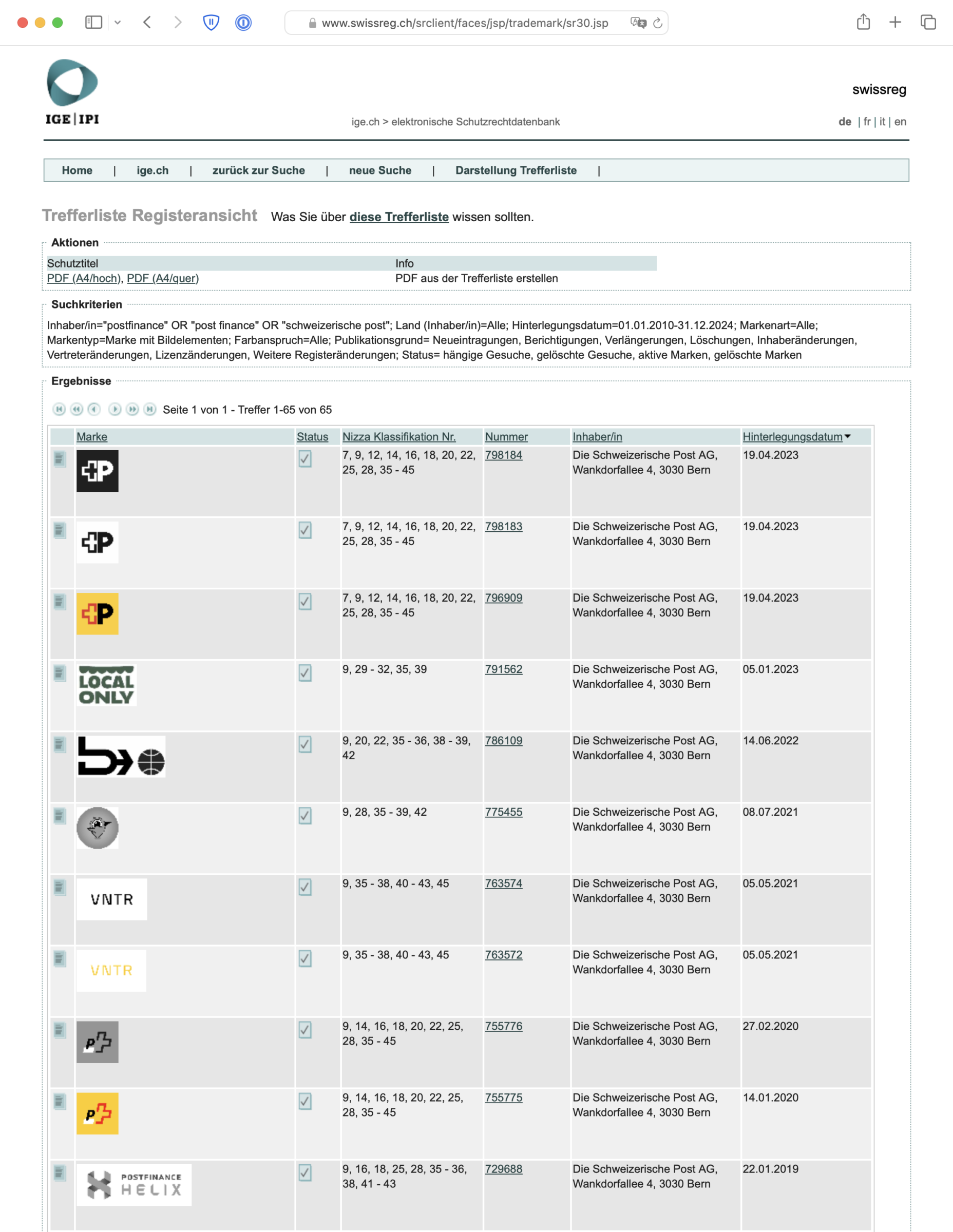 Screenshot: Jüngere Marken der Schweizerischen Post und von PostFinance im schweizerischen Markenregister