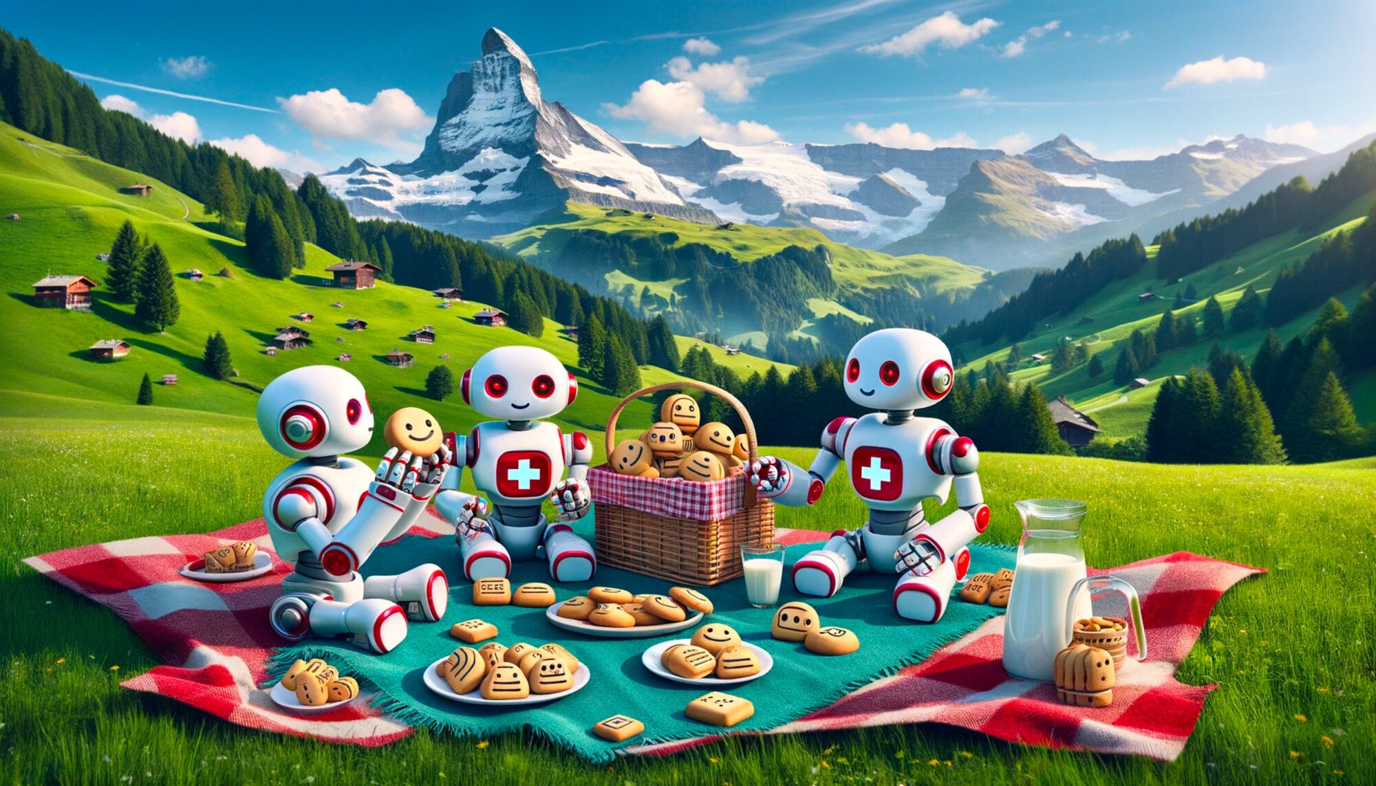 Bild: Androiden veranstalten ein Picknick in einer schweizerischen Alpenlandschaft und diskutieren über die Cookies, die sie mitgenommen haben (KI-generiert)