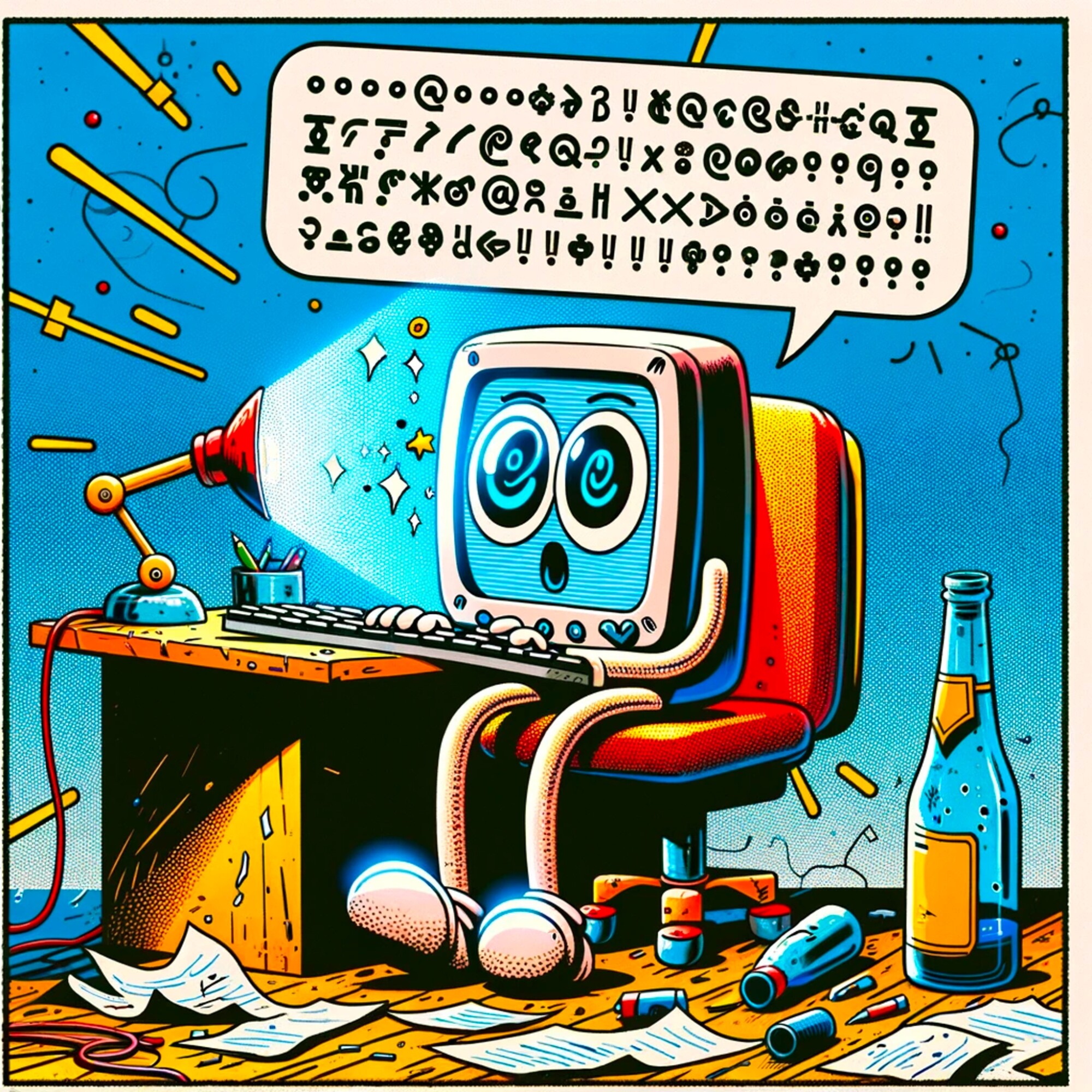 Bild: Künstliche Intelligenz, symbolisiert durch einen Roboter, die versucht, einen gesprochenen Text zu transkribieren (KI-generiert)