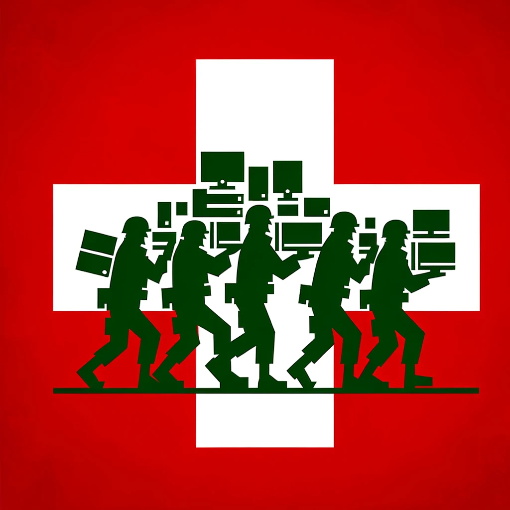 Bild: Soldaten der Schweizer Armee, die private IT-Ausrüstung beschlagnahmen (KI-generiert)