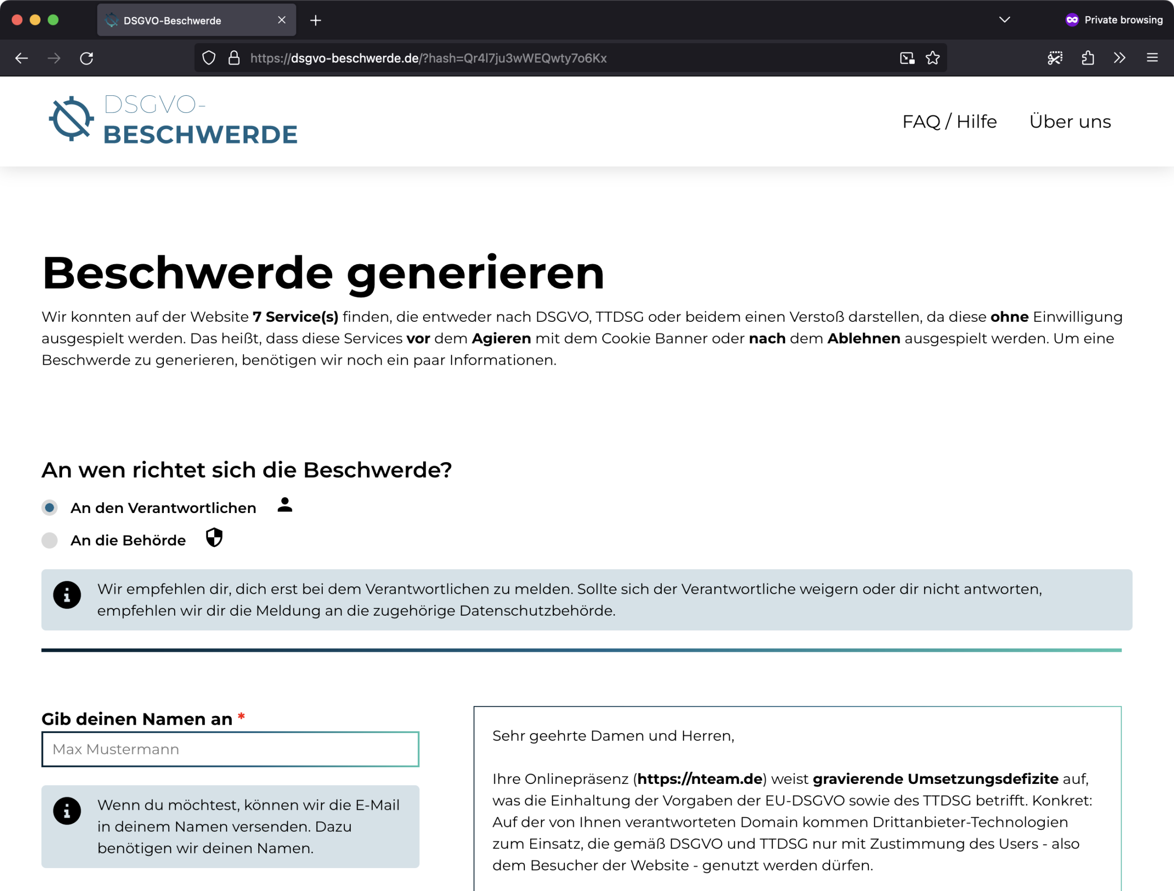 Screenshot: Beschwerde gegen nteam.de bei dsgvo-beschwerde.de