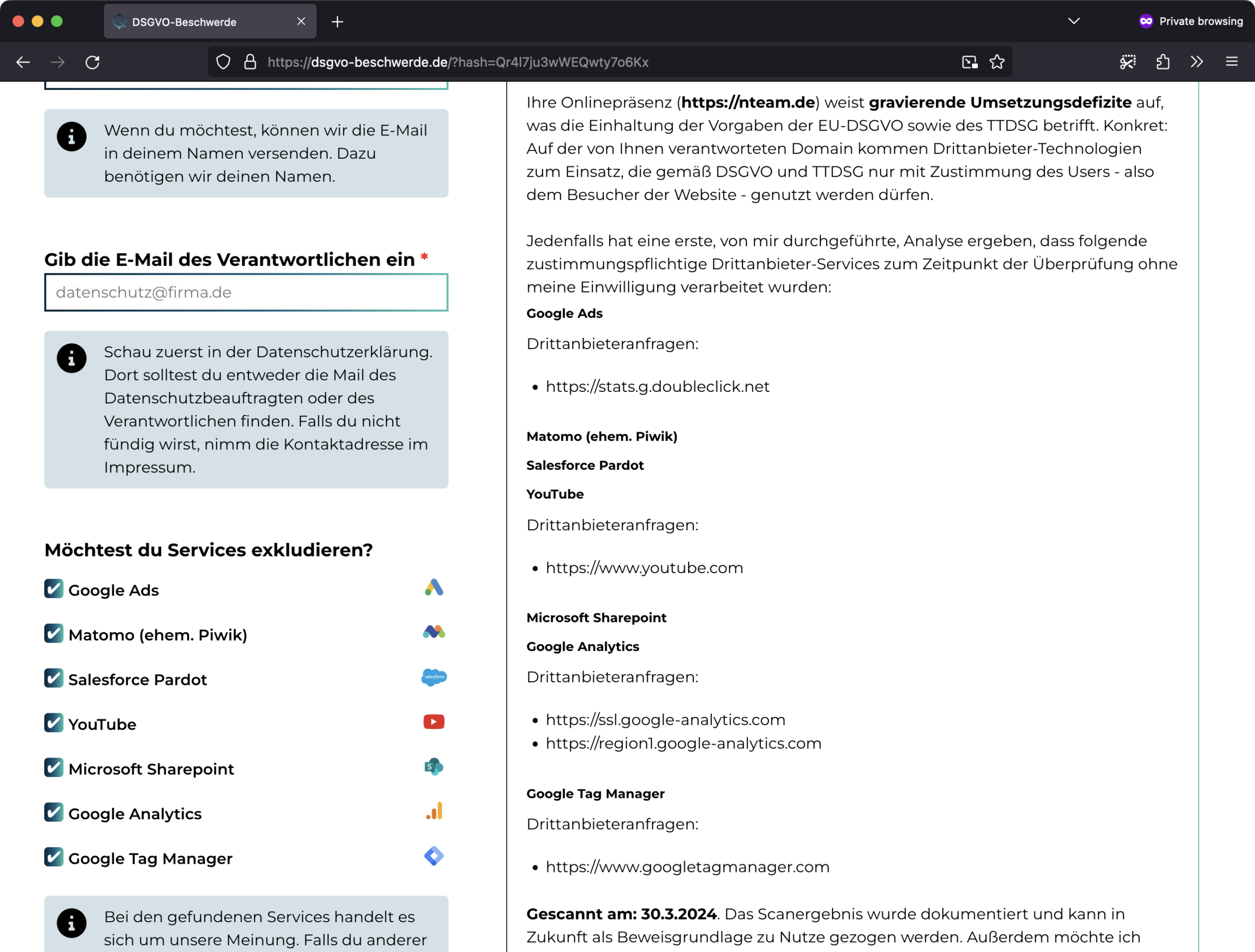 Screenshot: Beschwerde gegen nteam.de bei dsgvo-beschwerde.de