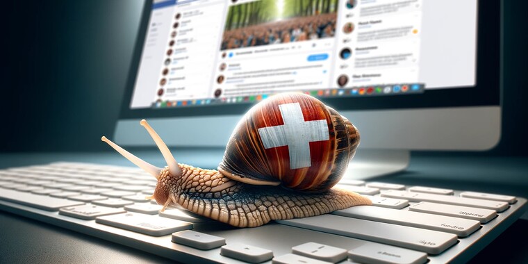 Bild: Schnecke, die ein Gehäuse mit dem Schweizerkreuz trägt, kriecht über eine Tastatur, während auf dem Bildschirm im Hintergrund eine Social Media-Plattform zu sehen ist