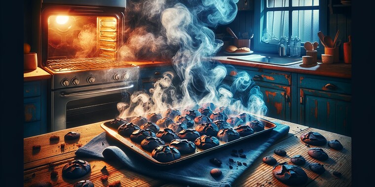 Bild: Verbrannte Cookies, frisch aus dem Backofen, in der Küche (KI-generiert)