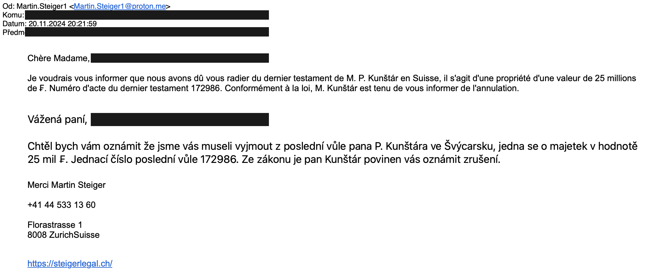 Screenshot: Betrügerische E-Mail von einem Nutzer von Proton Mail in der Schweiz