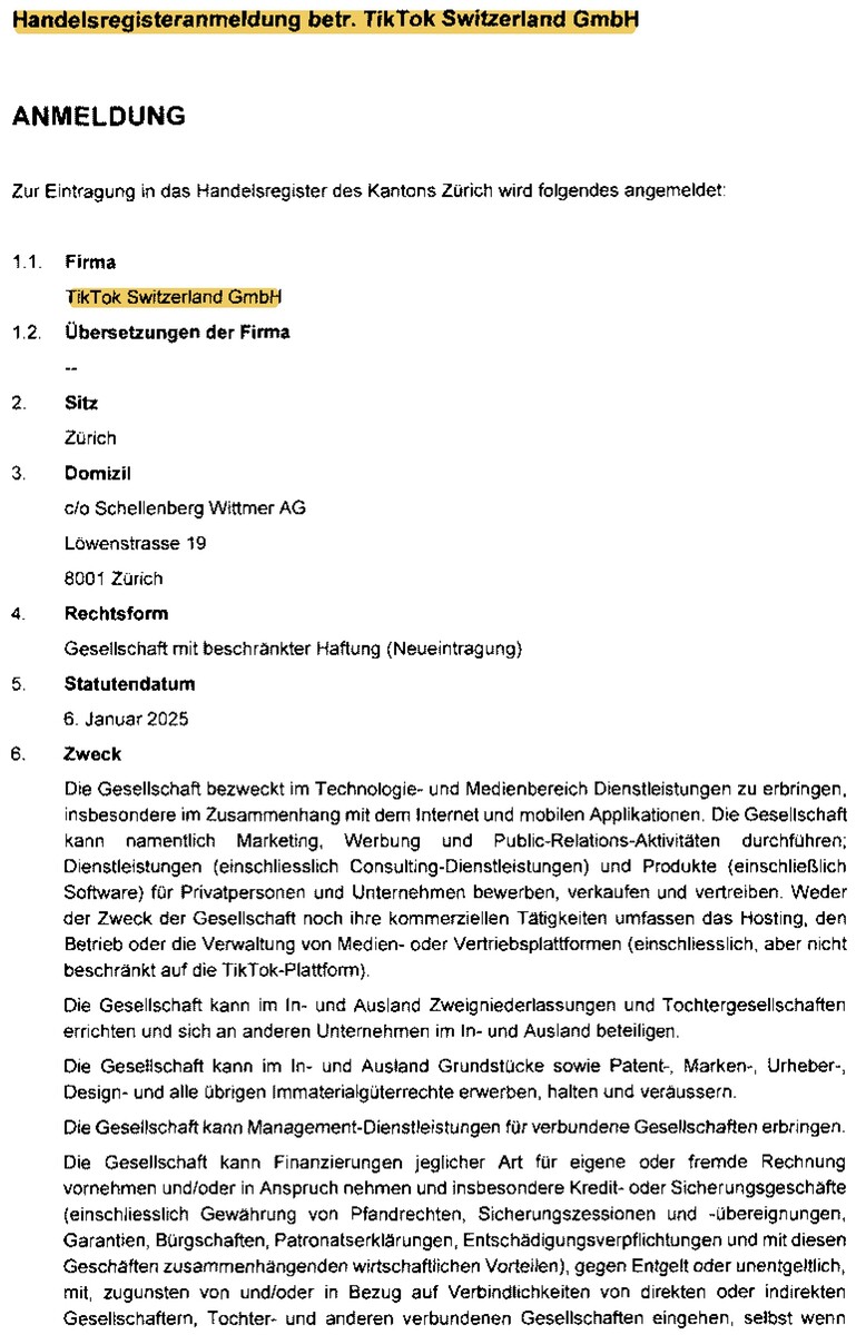 Dokument: Auszug aus den Handelsregisterbelegen für die Gründung der TikTok Switzerland GmbH