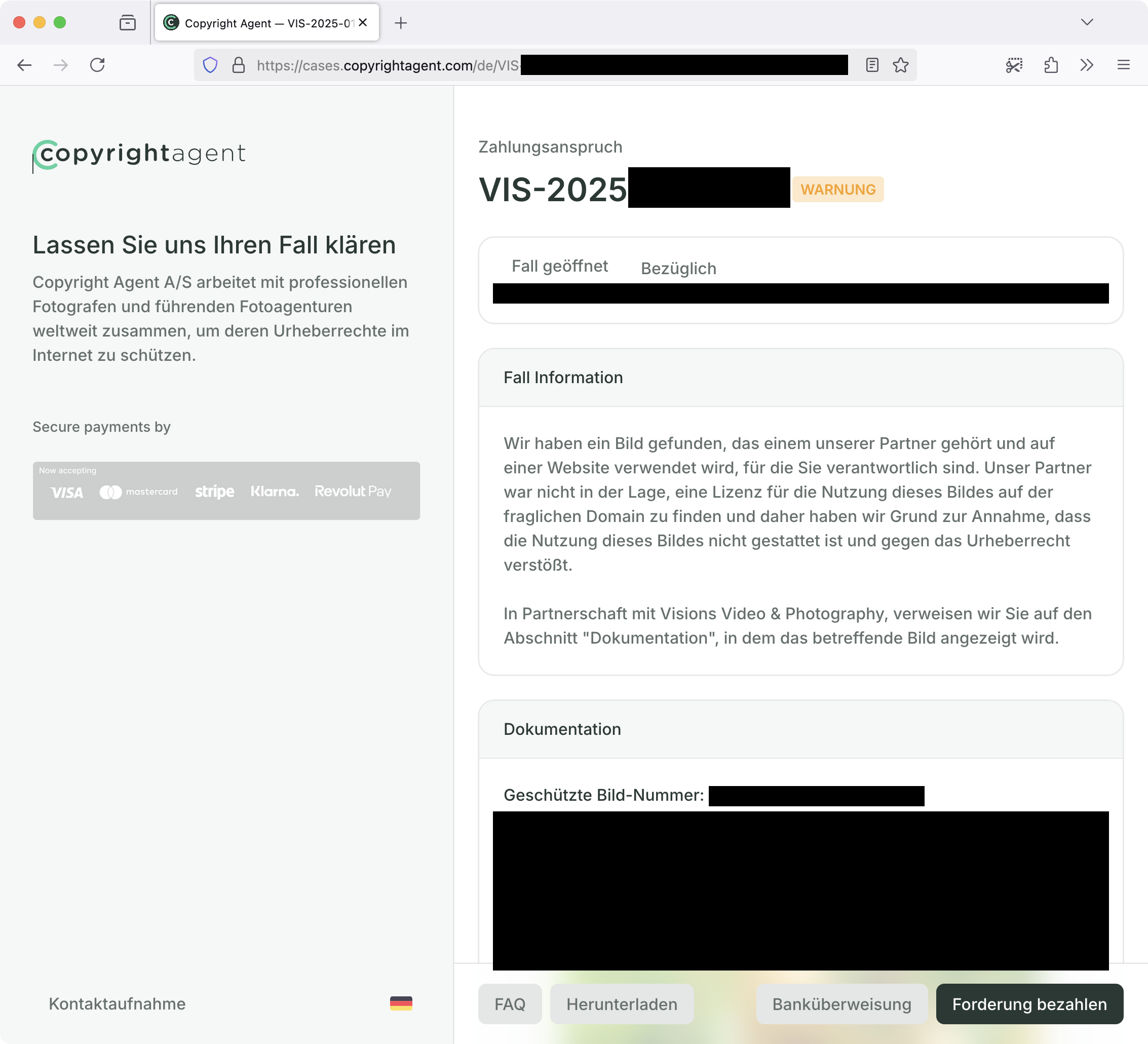 Screenshot: Portal von Copyright Agent