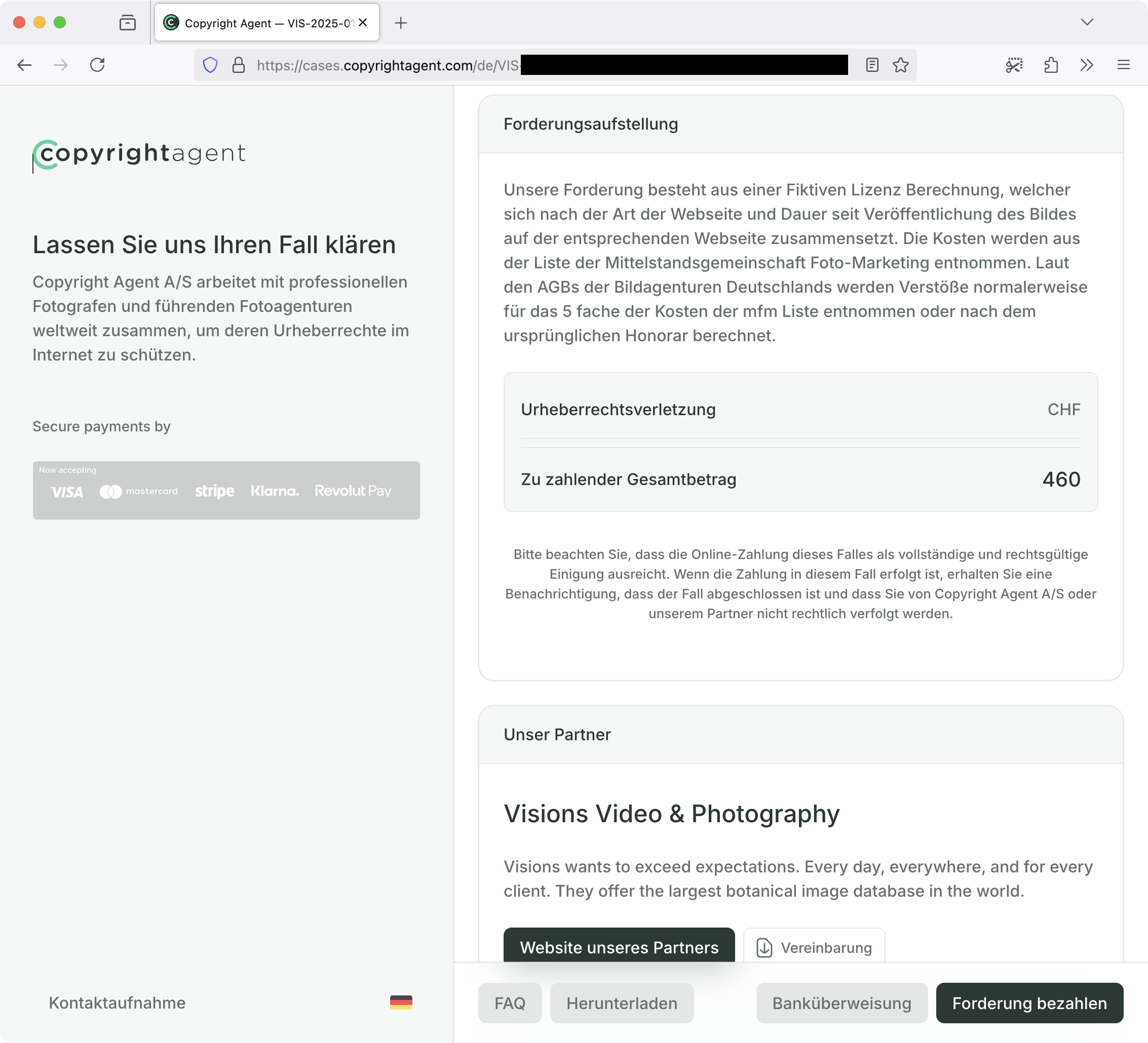 Screenshot: Portal von Copyright Agent