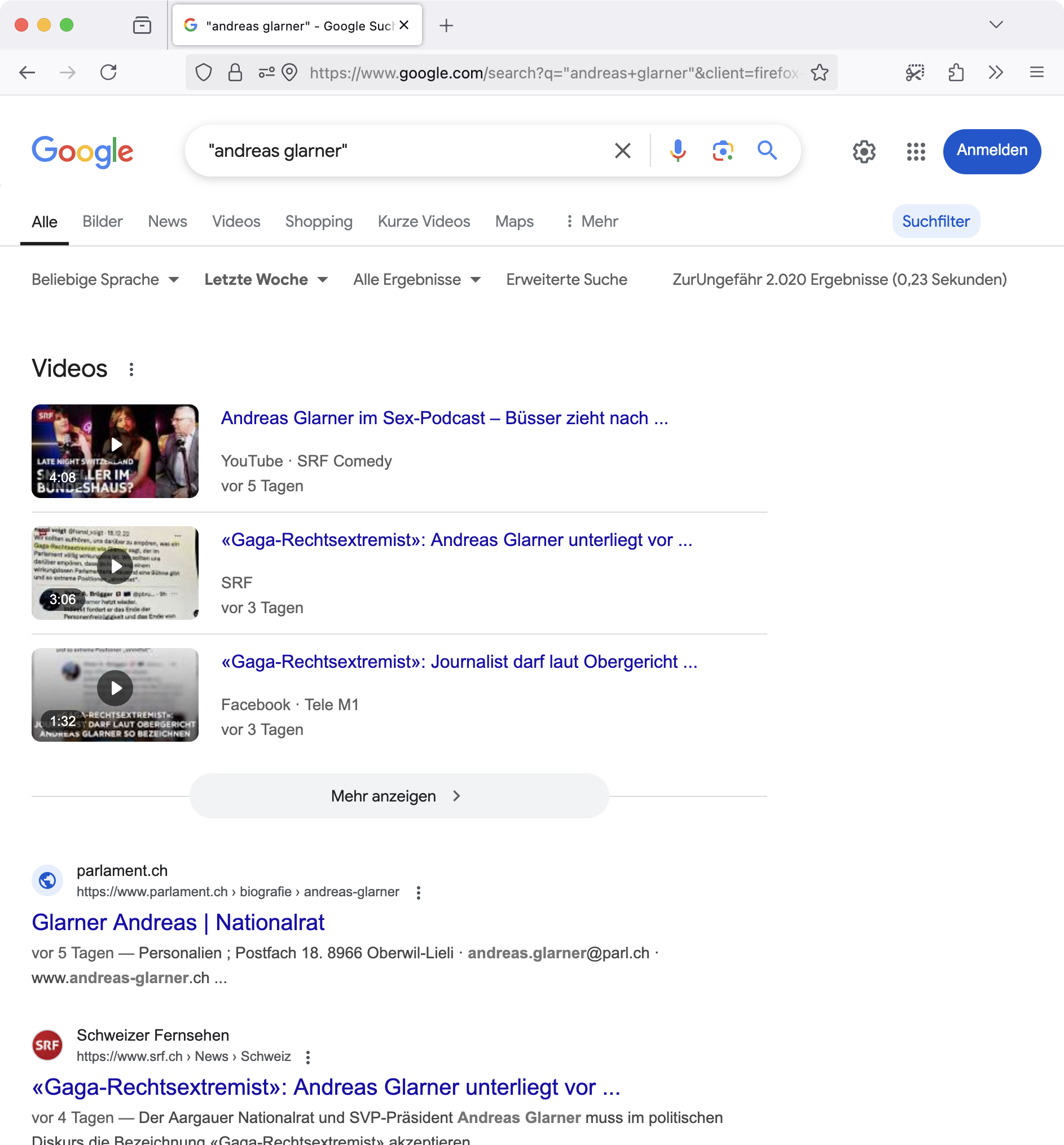 Screenshot: Zeitlich beschränkte Google-Suche nach «Andreas Glarner»