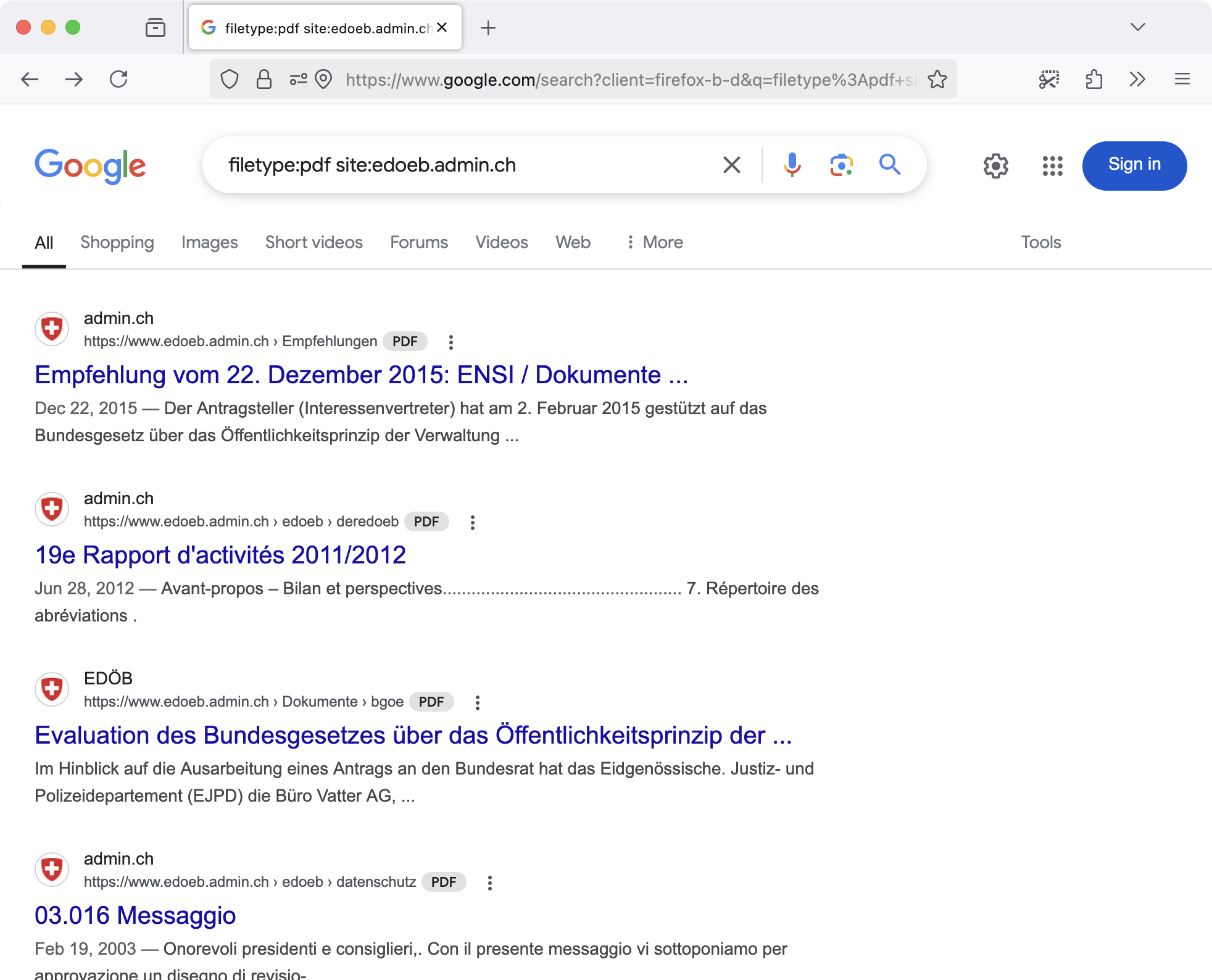 Screenshot: Google-Suche nach PDF-Dateien auf der EDÖB-Website
