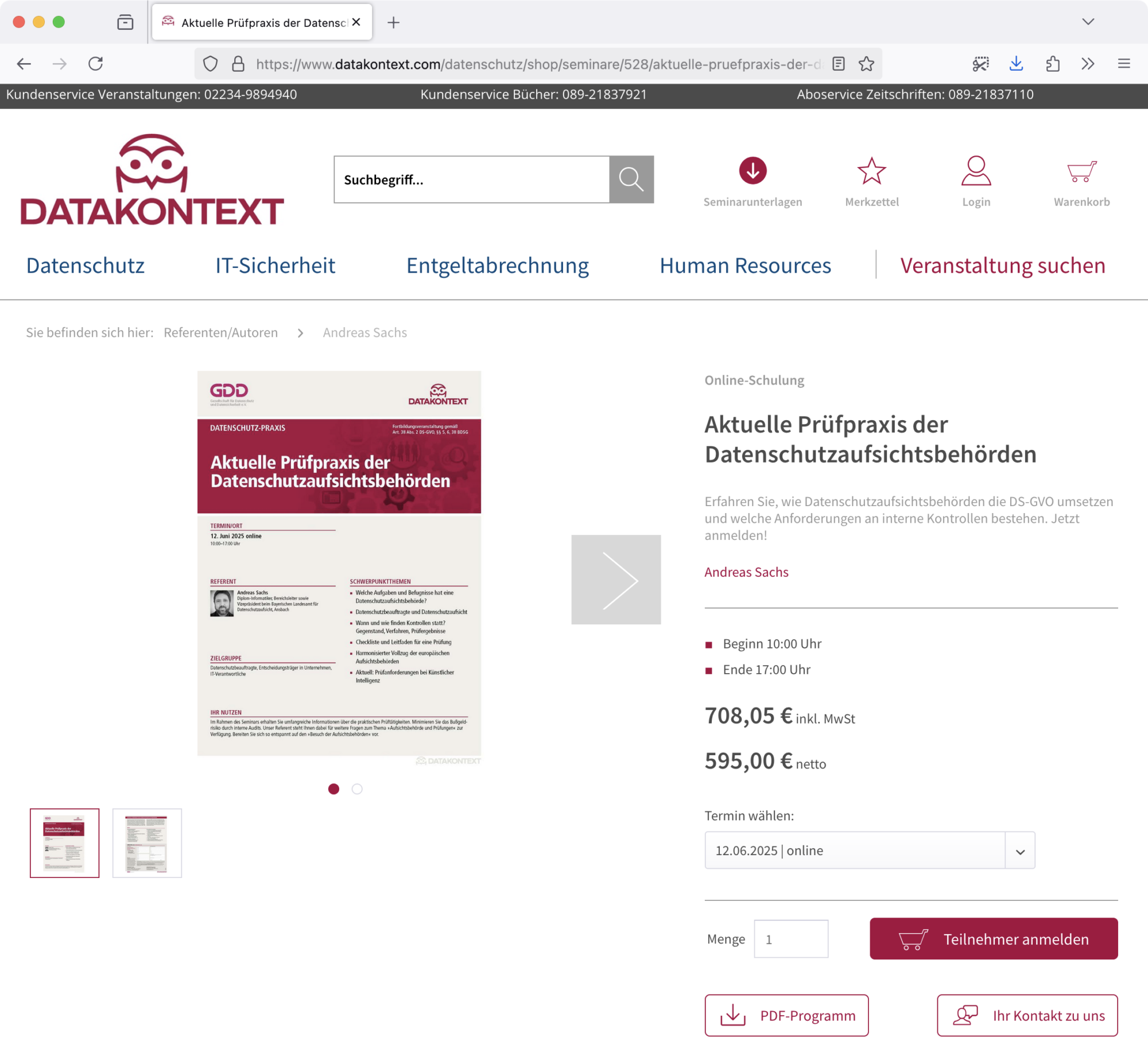 Screenshot: Kostenpflichtige Online-Schulung von Andreas Sachs bei «DATAKONTEXT»