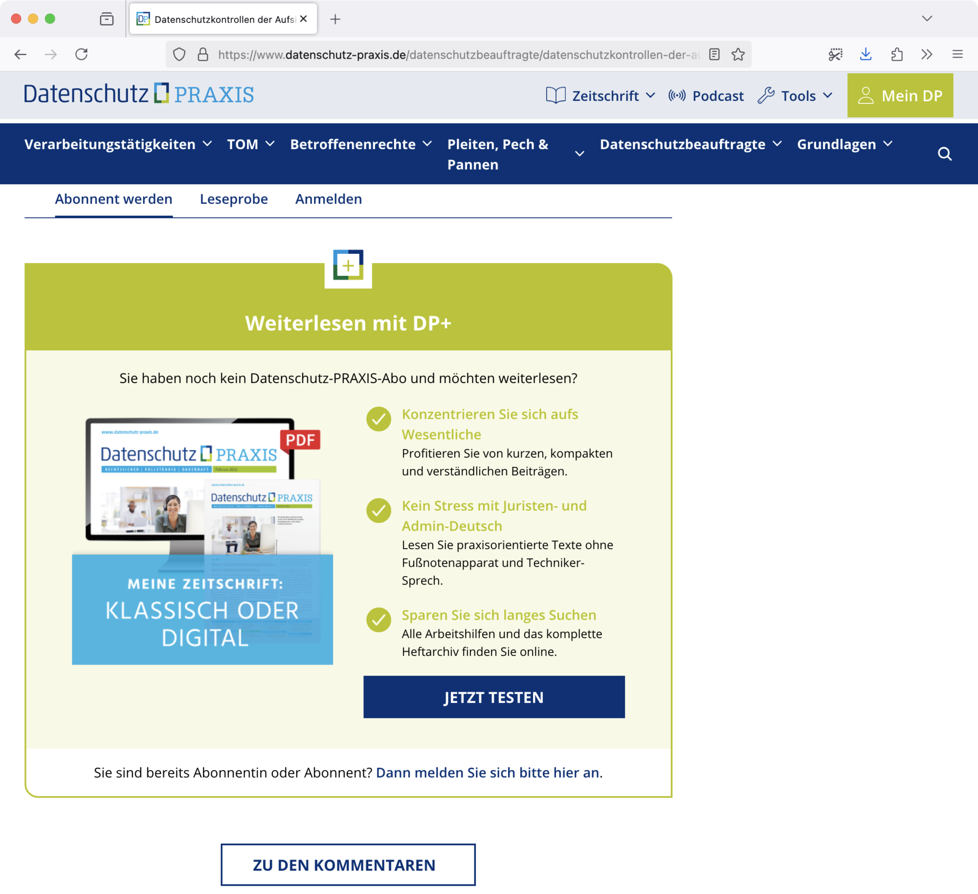 Screenshot: Kostenpflichtiger Beitrag von Andreas Sachs bei «Datenschutz-PRAXIS»