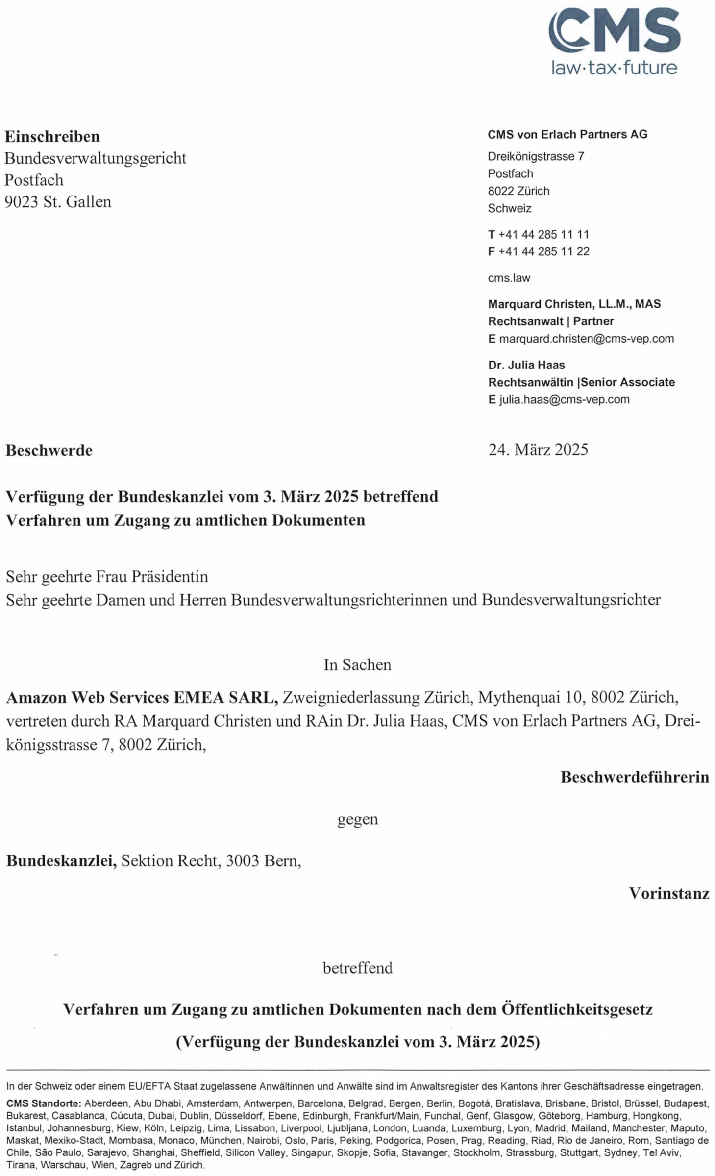 Dokument: Beschwerde von Amazon vom 24. März 2025 betreffend Public Clouds Bund (Seite 1)