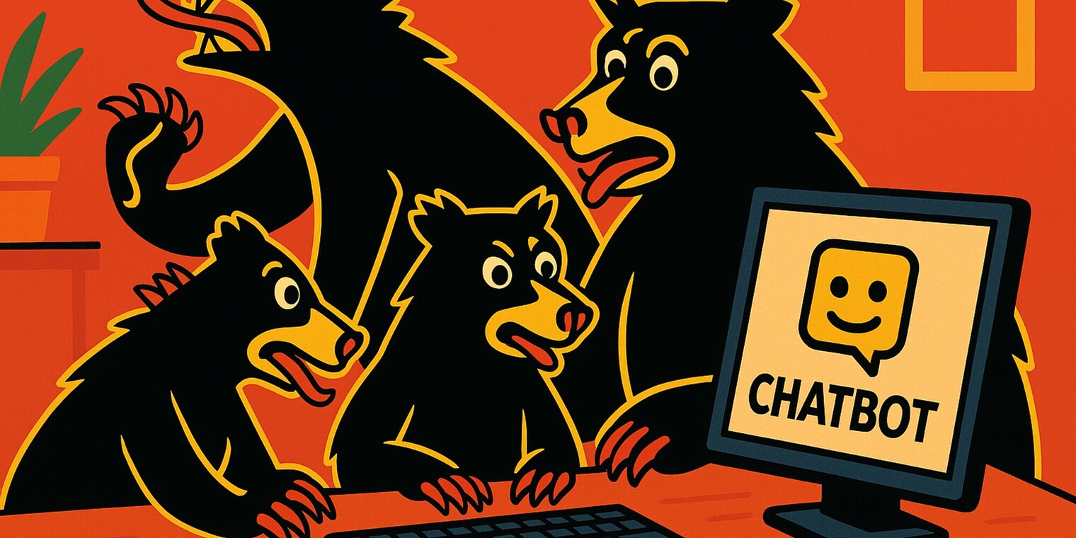 Bild: Vier Nutzer, die wie Bären aussehen, verwenden gemeinsamen einen KI-Chatbot (KI-generiert)