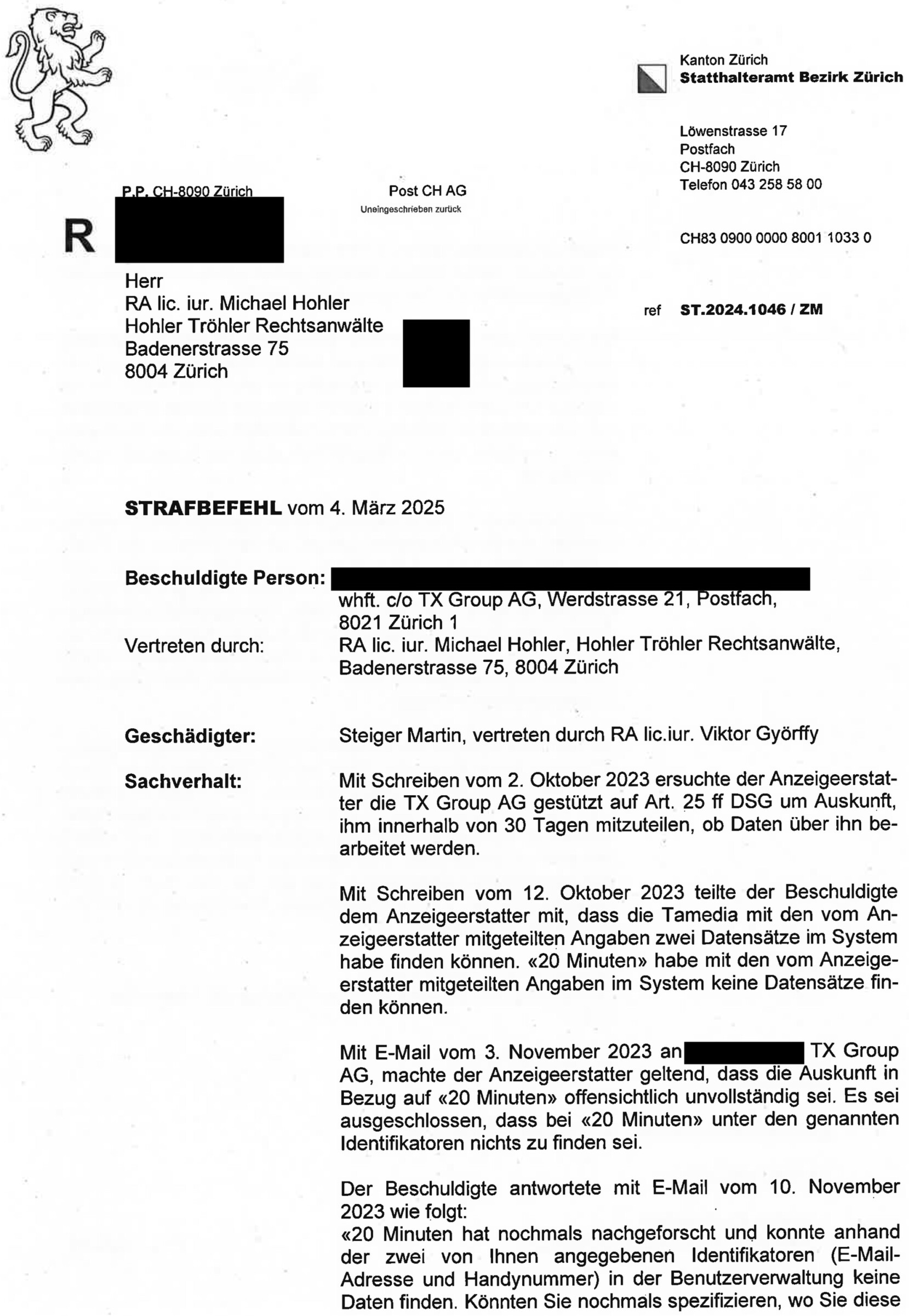 Dokument: Strafbefehl des Statthalteramts Bezirk Zürich vom 4. März 2025 (Seite 1)