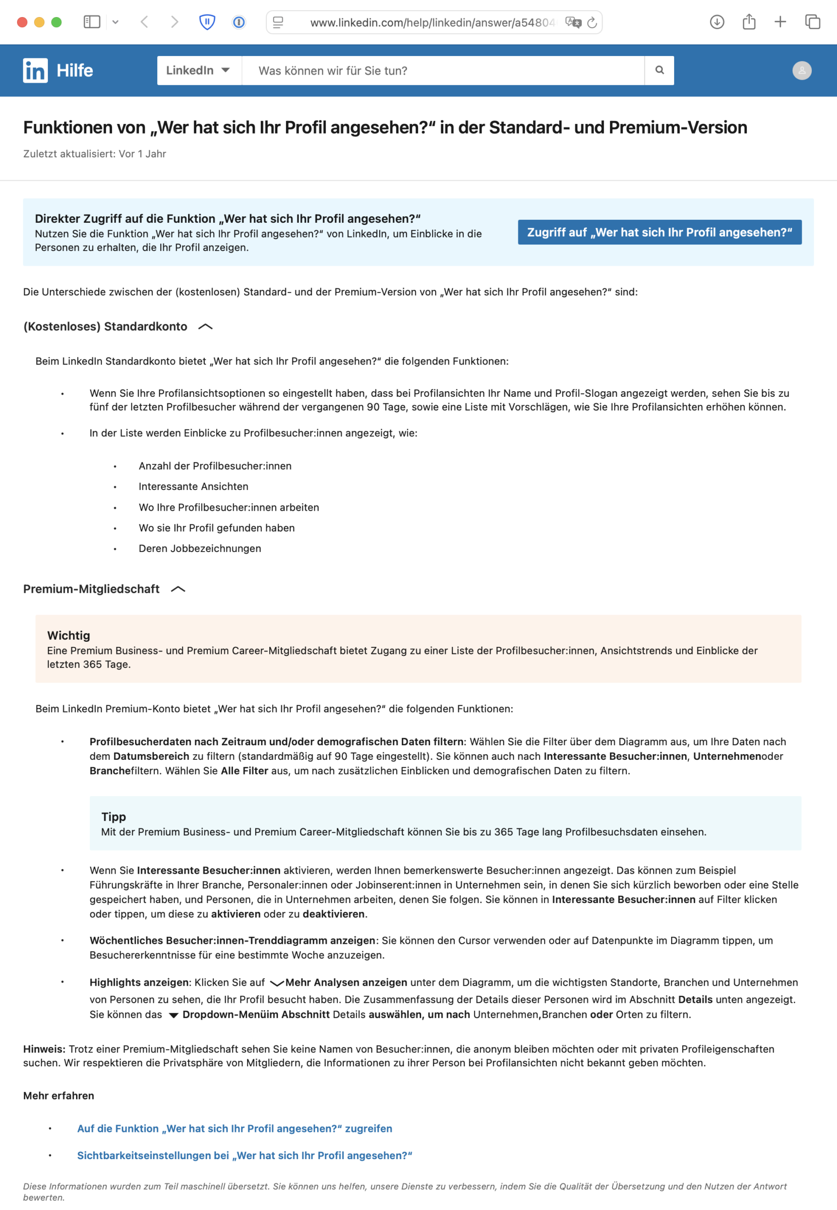 Screenshot: Hilfeseite «Wer hat sich Ihr Profil angesehen?» bei LinkedIn