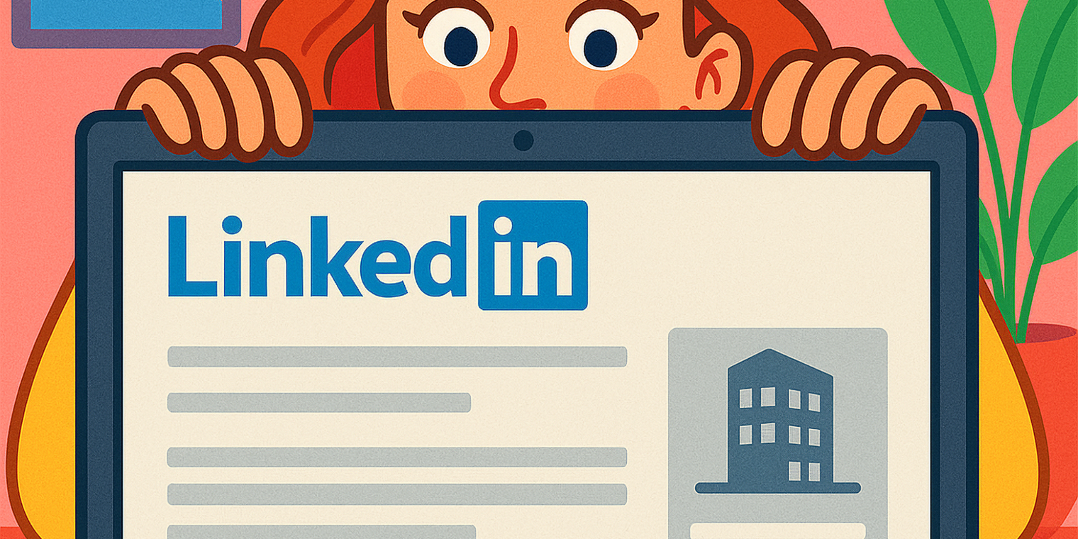 Symbolbild: Eine LinkedIn-Nutzerin versteckt sich hinter einem Notebook, auf dessen Bildschirm LinkedIn zu sehen ist (KI-generiert)