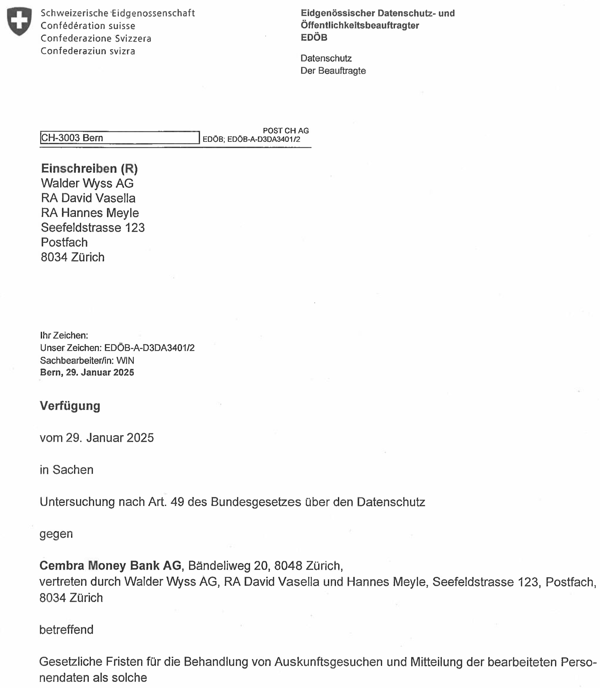 Dokument: Verfügung des EDÖB vom 29. Januar 2025 betreffend unvollständige und verspätete Auskunft durch eine Bank (Seite 1)