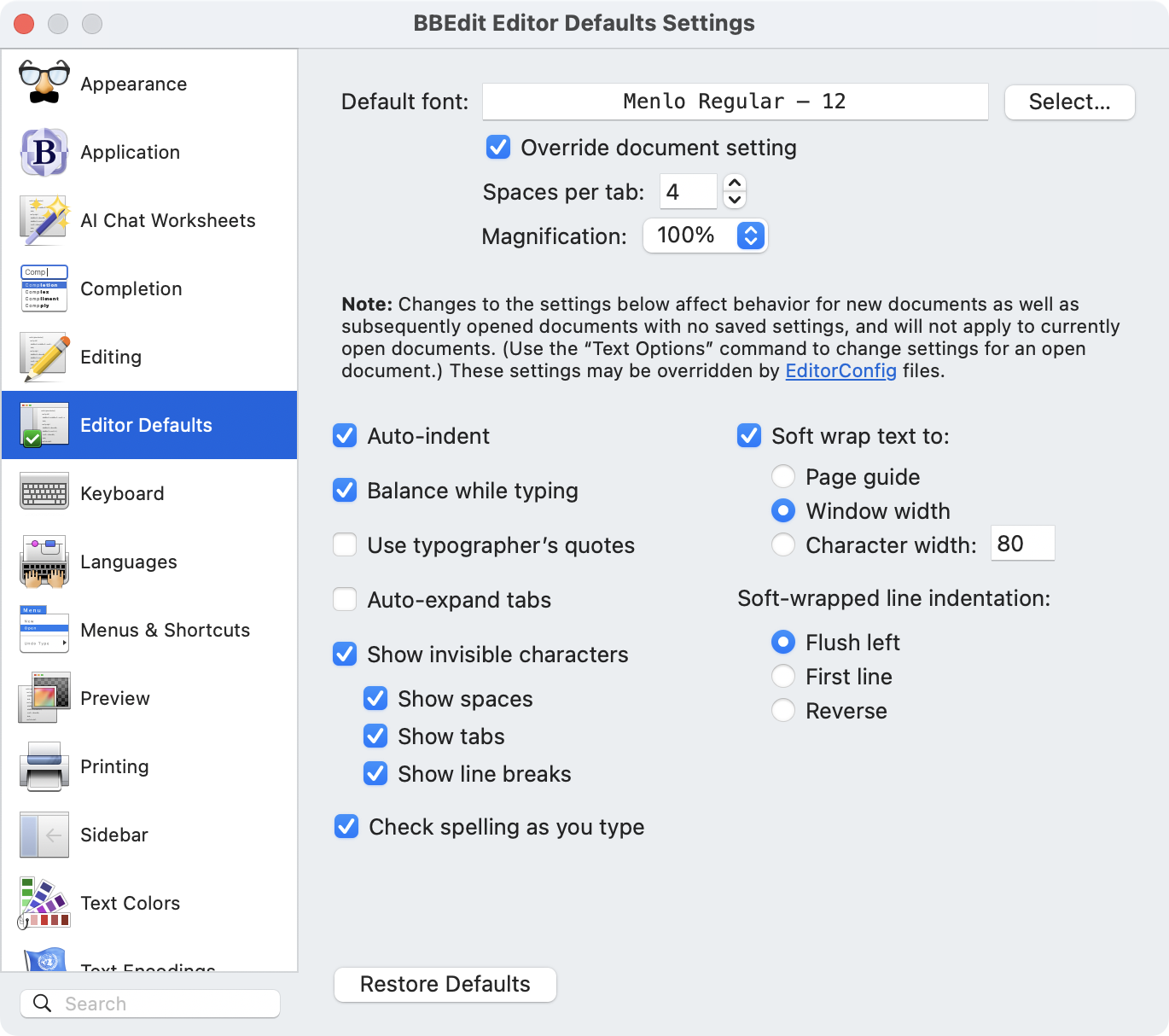 Screenshot: «Soft wrap»-Einstellungen in BBEdit