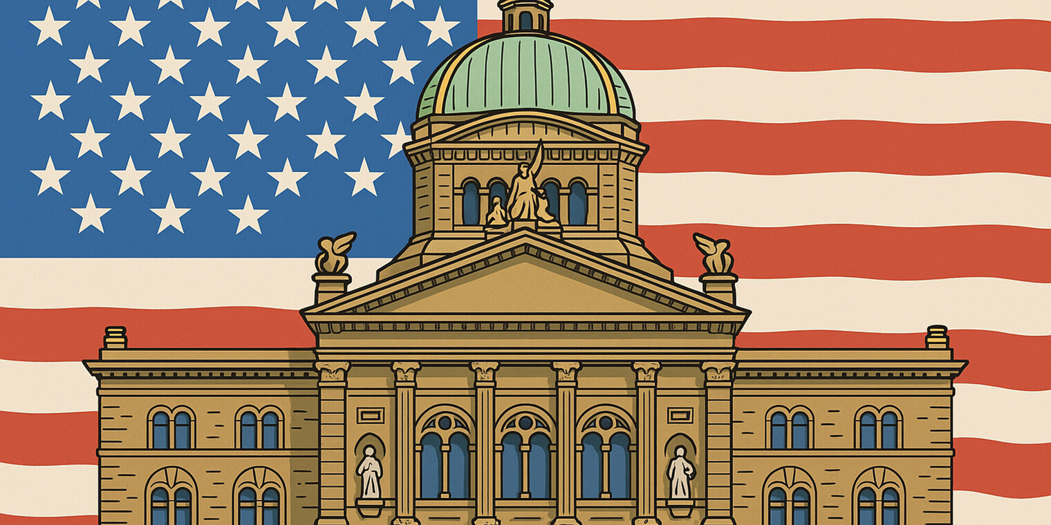 Bild: Bundeshaus mit amerikanischer Flagge im Hintergrund (teilweise KI-generiert)