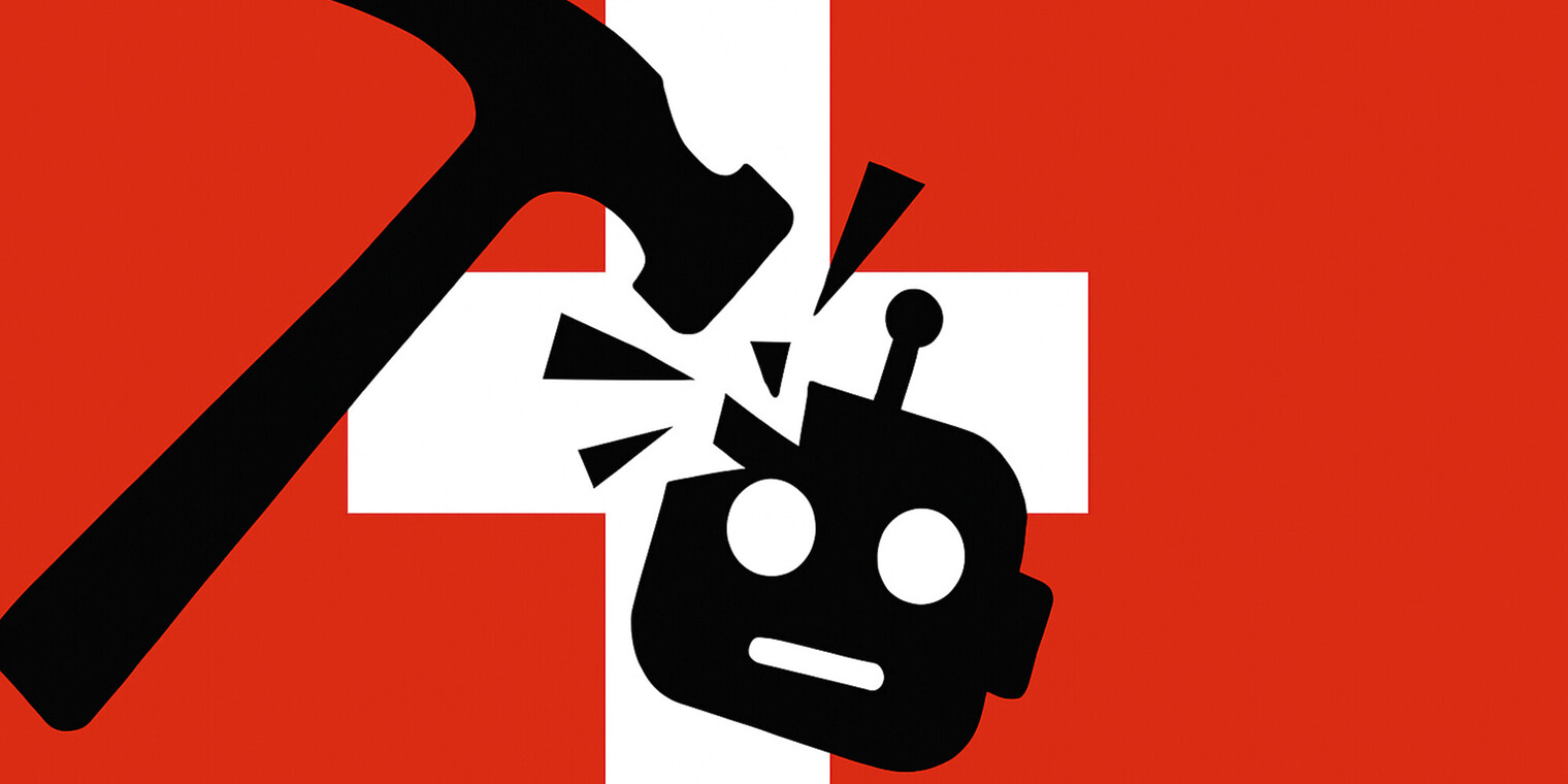Bild: Schwarzer Hammer, der KI, symbolisiert durch einen Roboter-Kopf, in der Schweiz zerschlägt (KI-generiert)