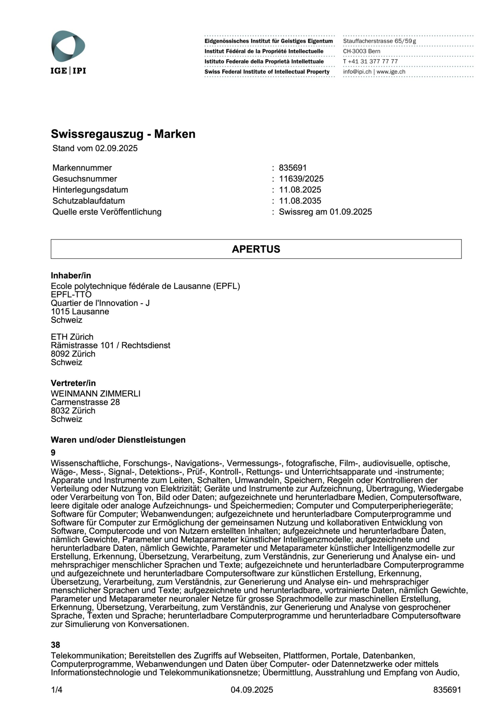 Dokument: Auszug der Wortmarke APERTUS aus dem schweizerischen Markenregister (Teil-Auszug als Screenshot)