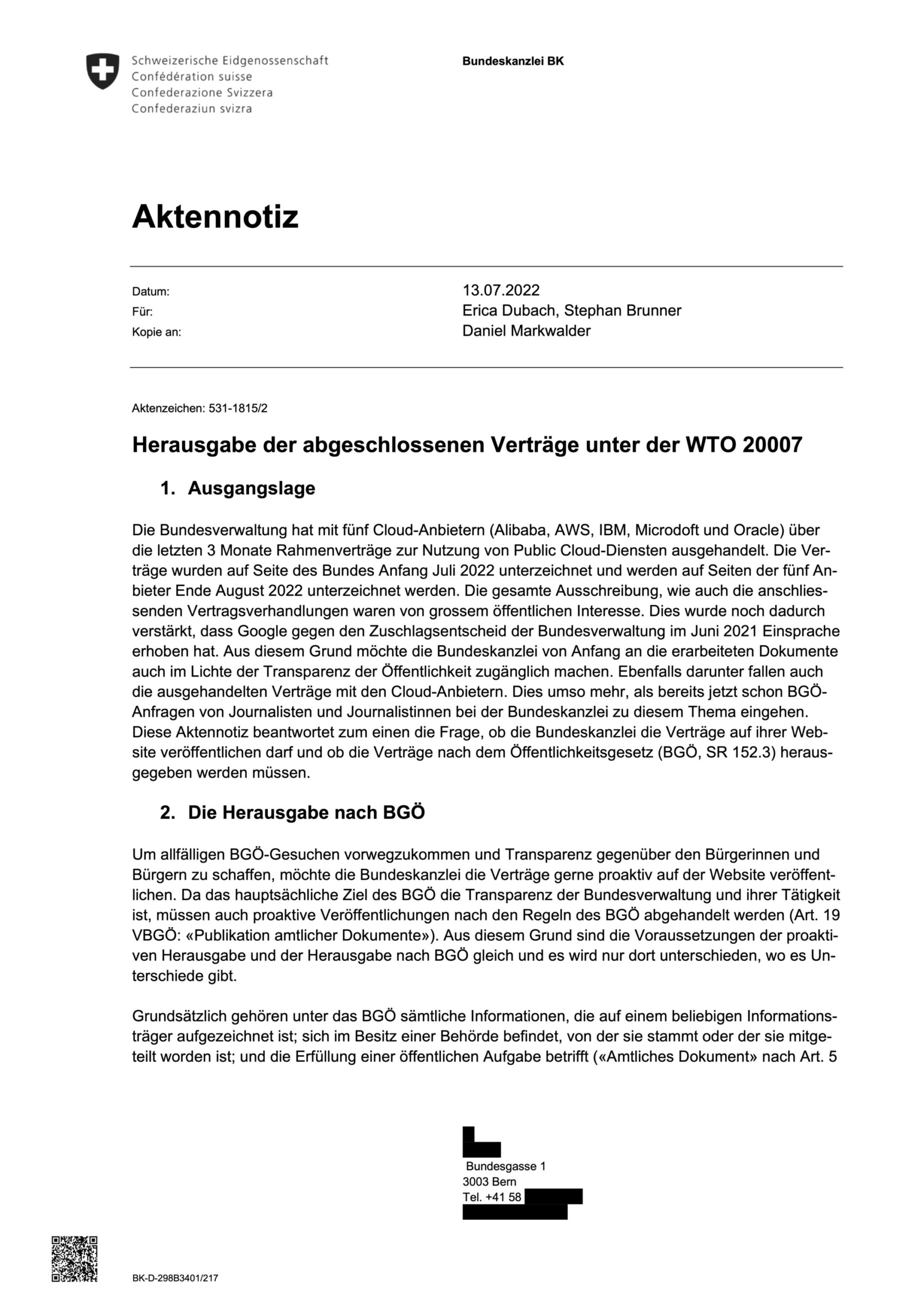Dokument: Auszug aus «Herausgabe der abgeschlossenen Verträge unter der WTO 20007» (Bundeskanzlei)
