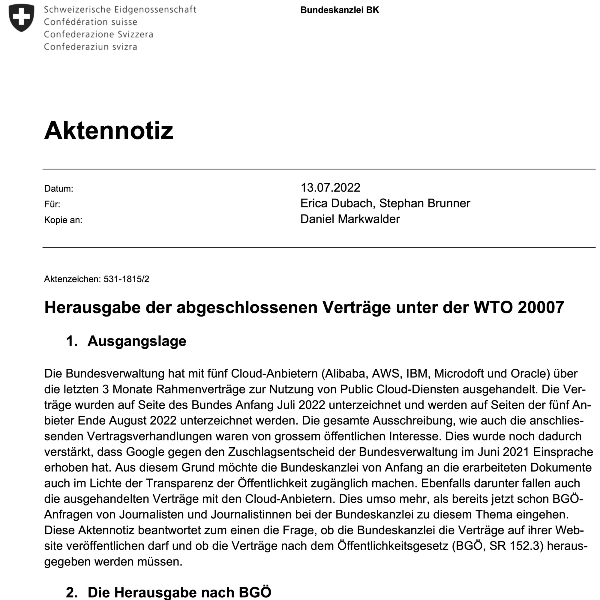 Bundeskanzlei: Aktennotiz zur Geheimhaltung der Cloud-Verträge