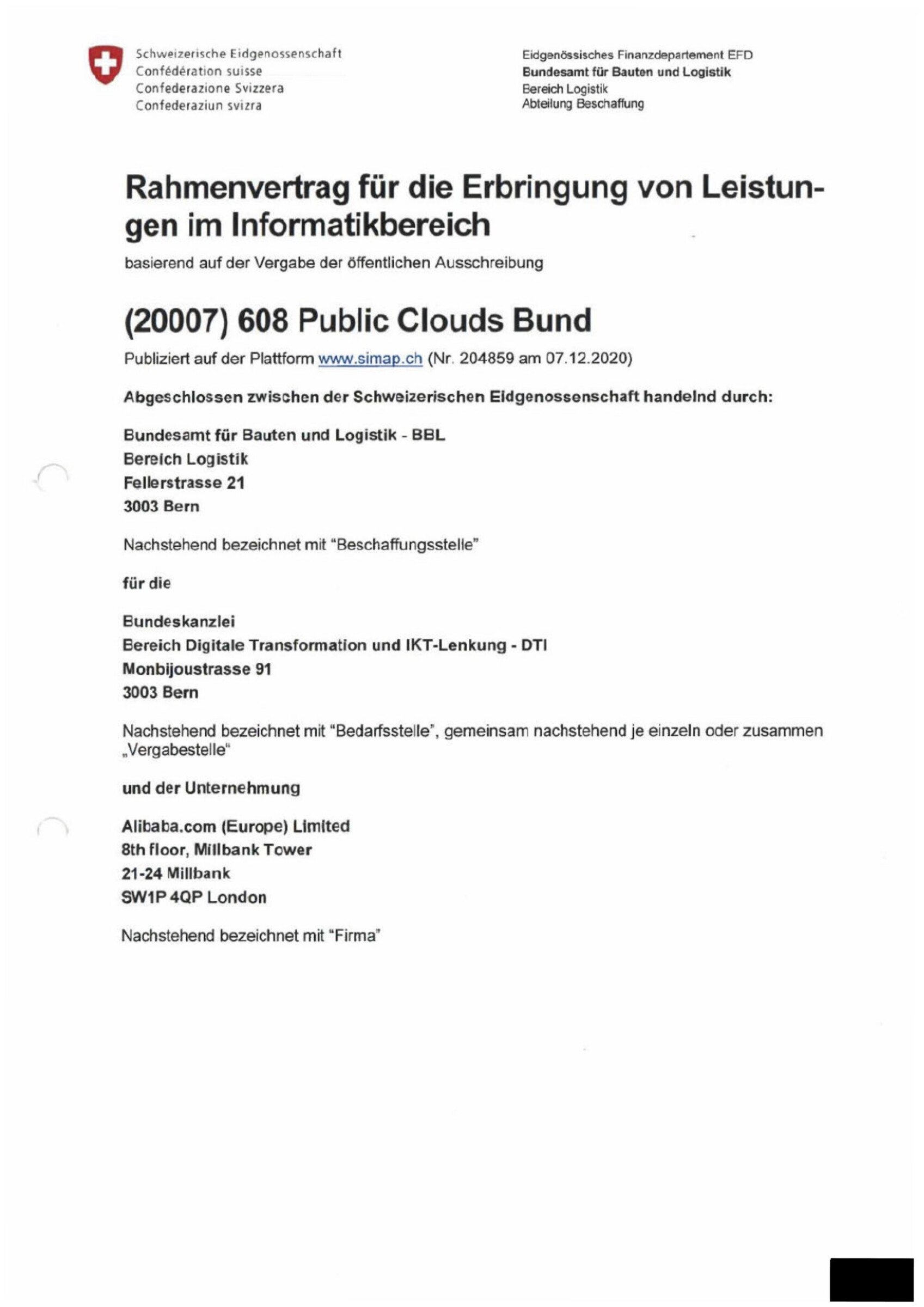Dokument: Public Clouds Bund-Rahmenvertrag mit Alibaba.com vom 24. August 2022 (Auszug)