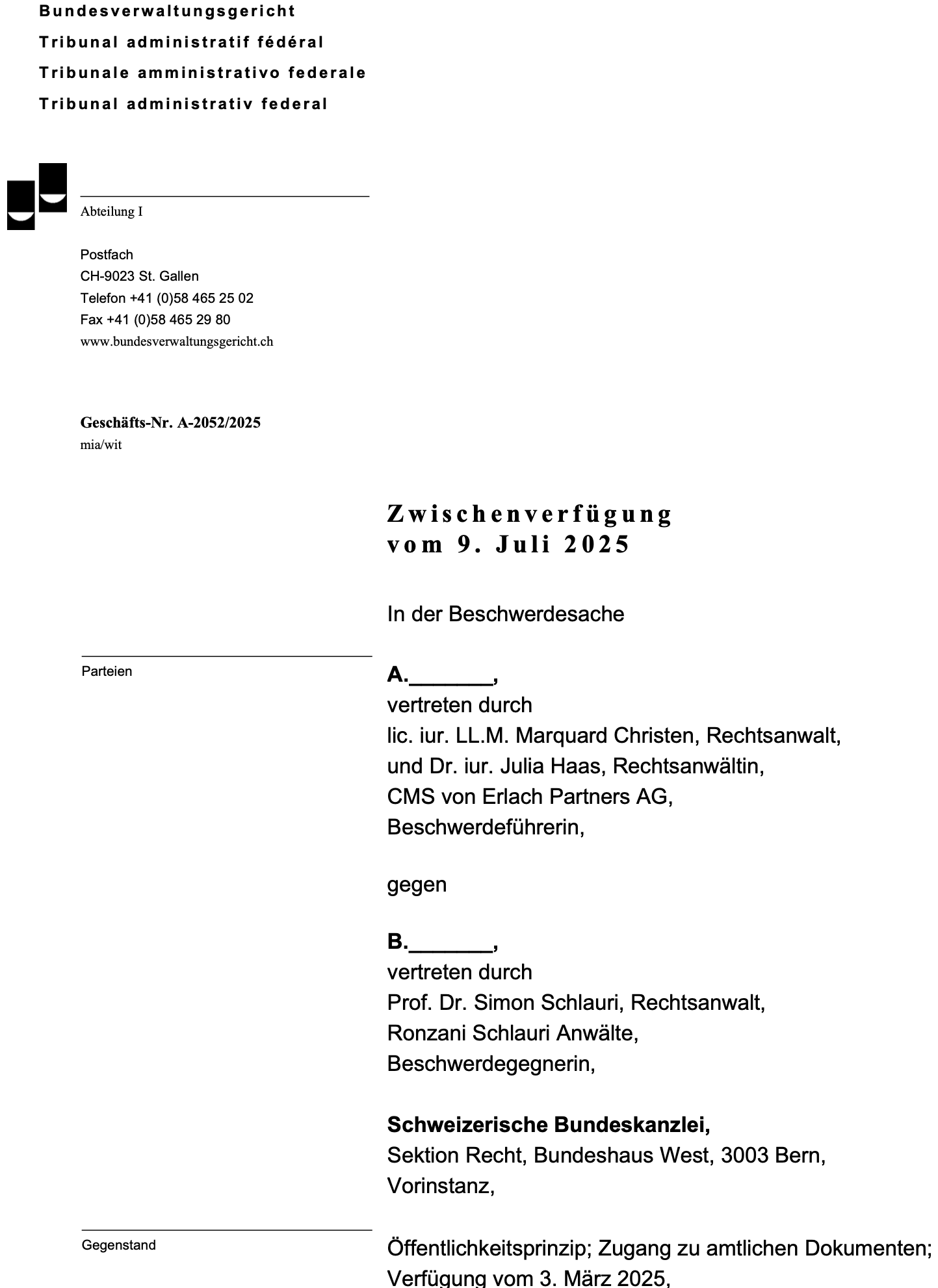 Dokument: Zwischenverfügung des Bundesverwaltungsgerichts vom 9. Juli 2025 betreffend Public Clouds Bund und Adrienne Fichter (Auszug)