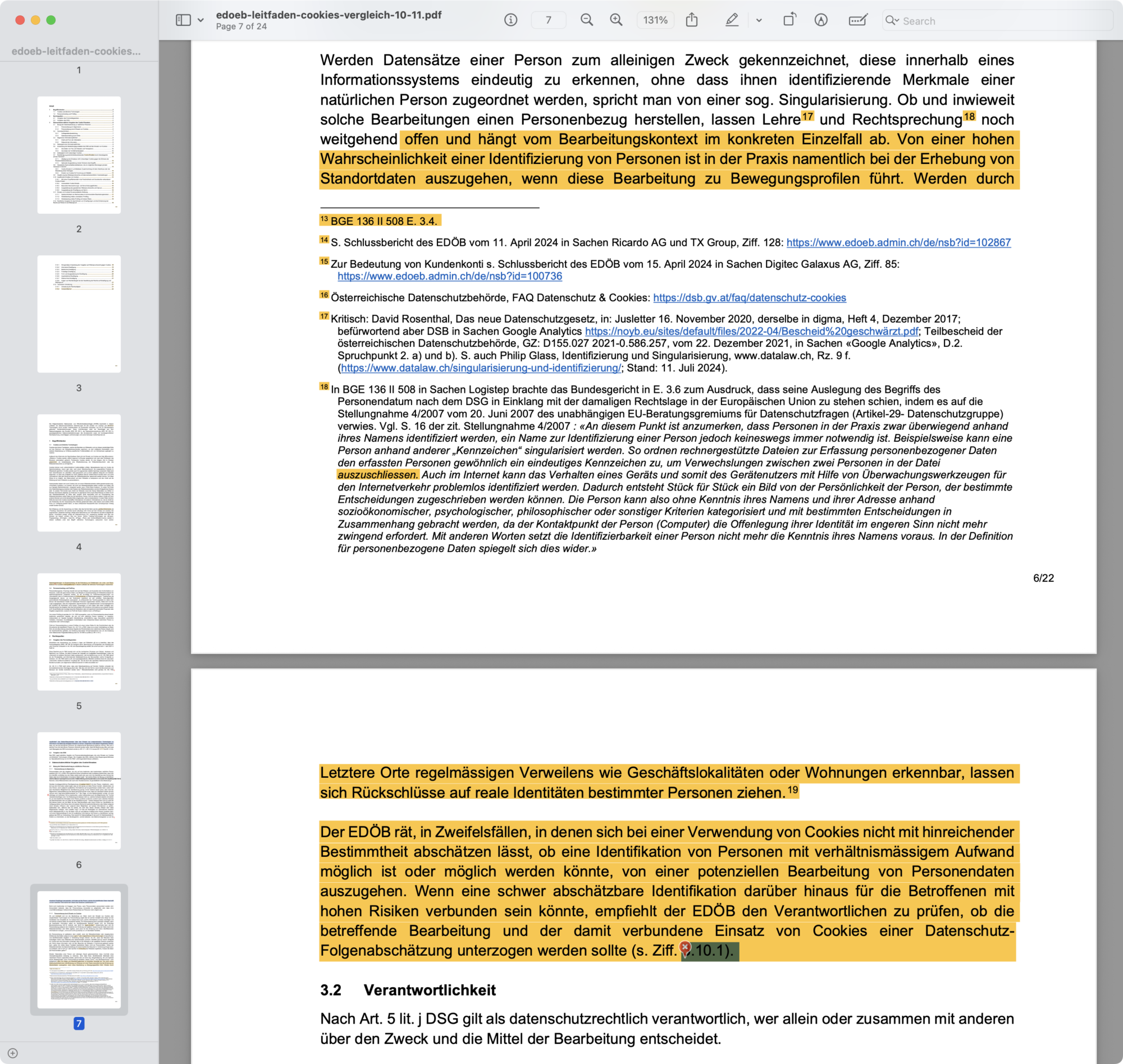Screenshot: Vergleich der Leitfäden des EDÖB betreffend Datenbearbeitungen mittels Cookies und ähnlichen Technologien in den Versionen 1.0 und 1.1 (Auszug)