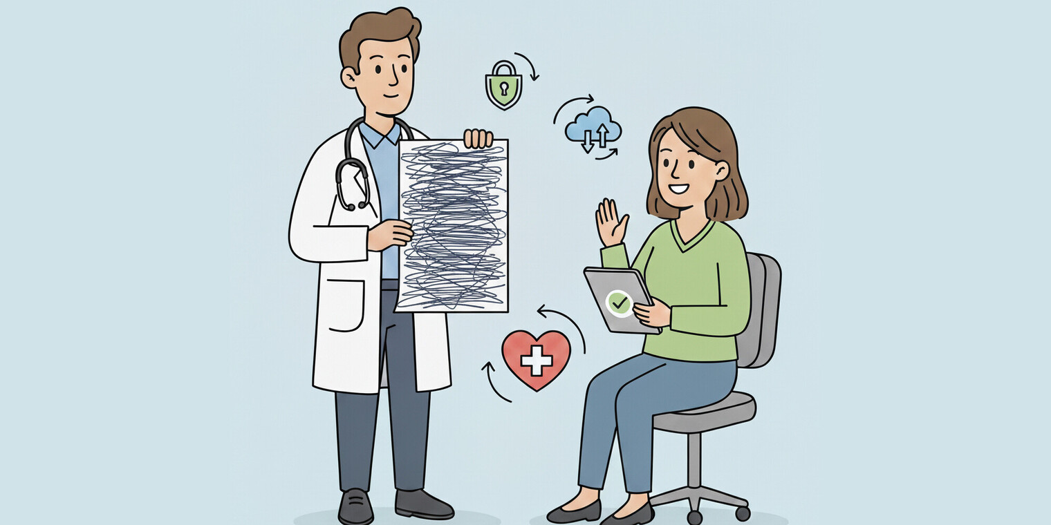 Bild: Ein Arzt zeigt einer Patientin ein Informations- und Einwilligungsformular (KI-generiert)