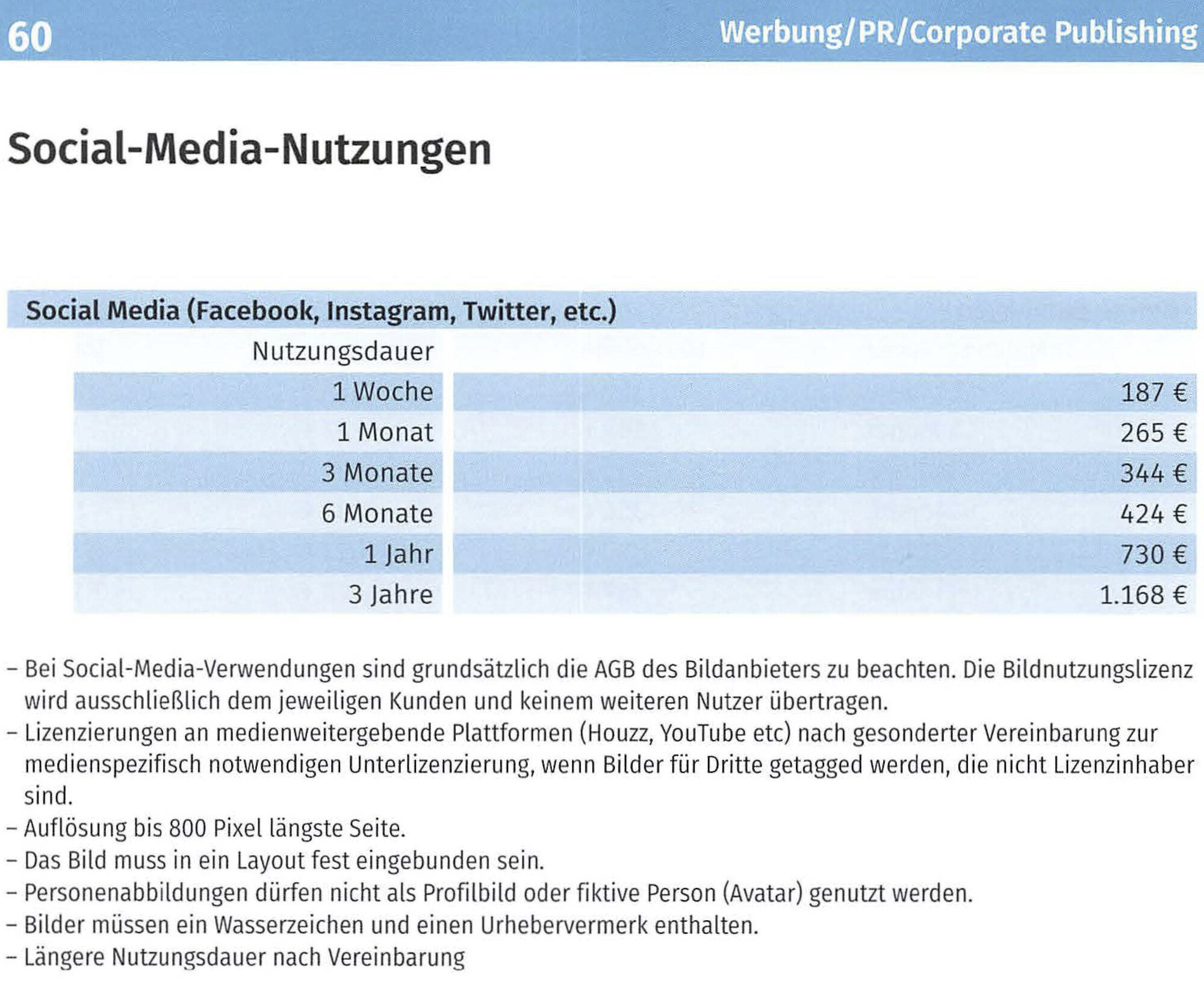 Dokument: Kosten für Social-Media-Nutzungen gemäss MFM-Bildhonoraren 2025 (Auszug)