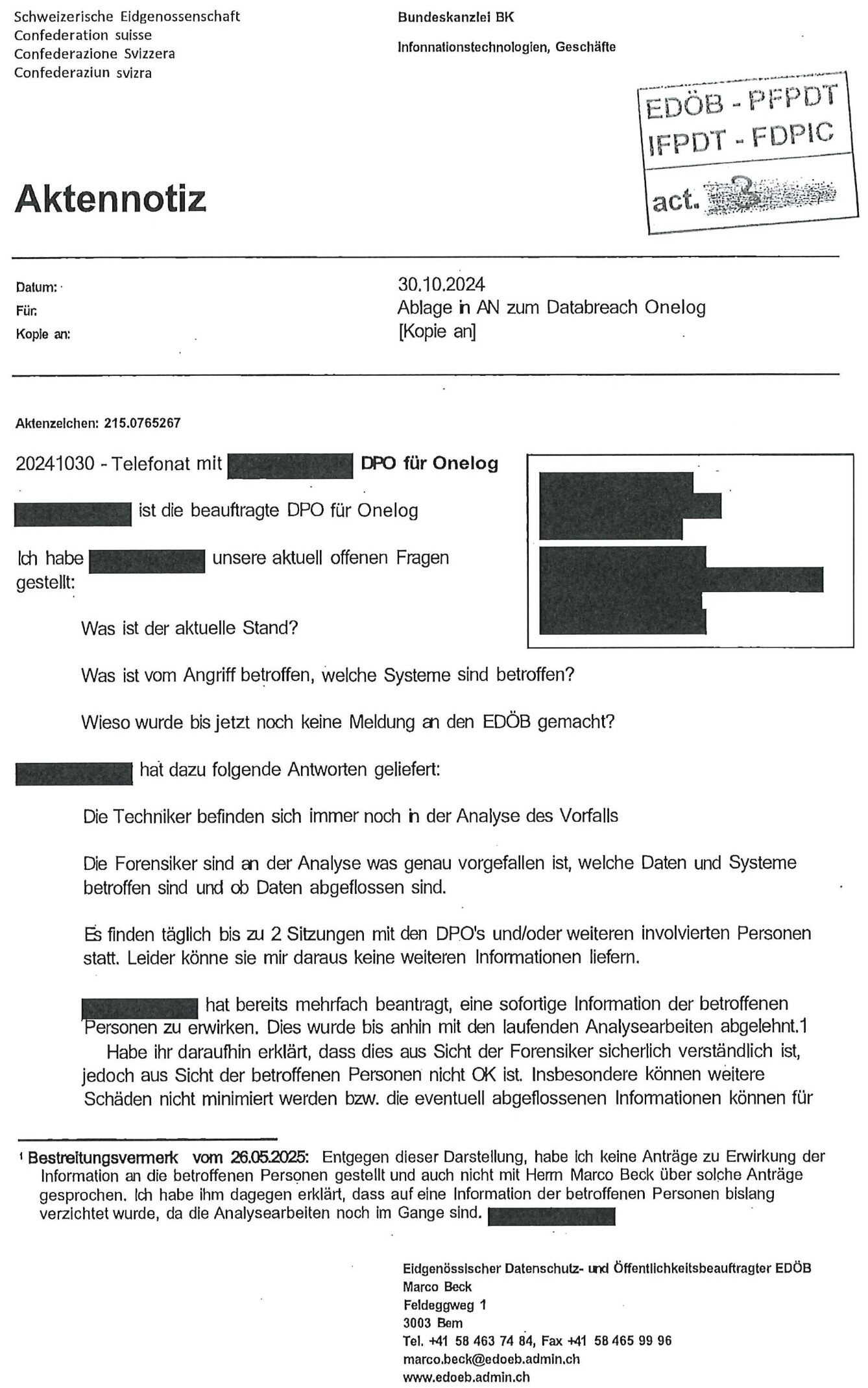 Dokument: Aktennotiz des EDÖB vom 30. Oktober 2024 betreffend OneLog (Auszug)