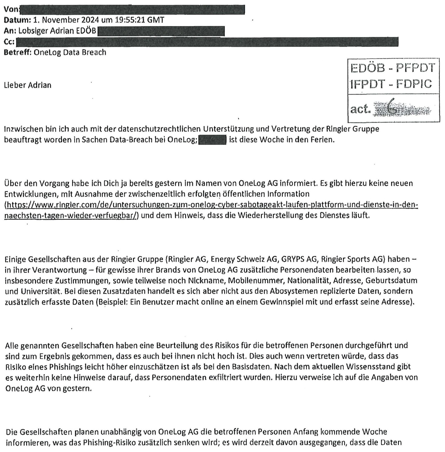 Dokument: Meldung von OneLog und Ringier vom 1. November 2024 (Auszug)