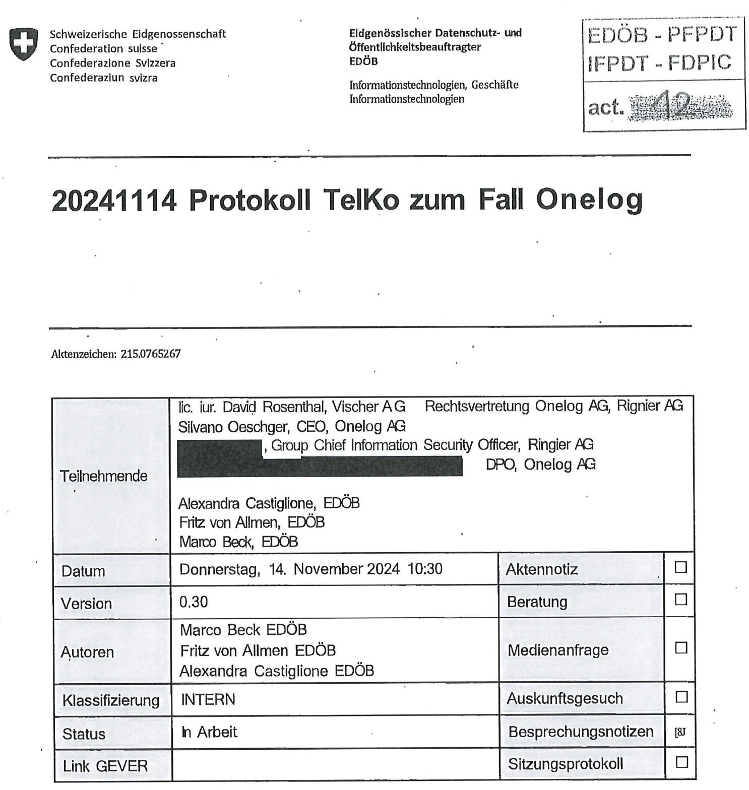 Dokument: Telefonkonferenz-Protokoll des EDÖB vom 14. November 2024 betreffend OneLog (Auszug)