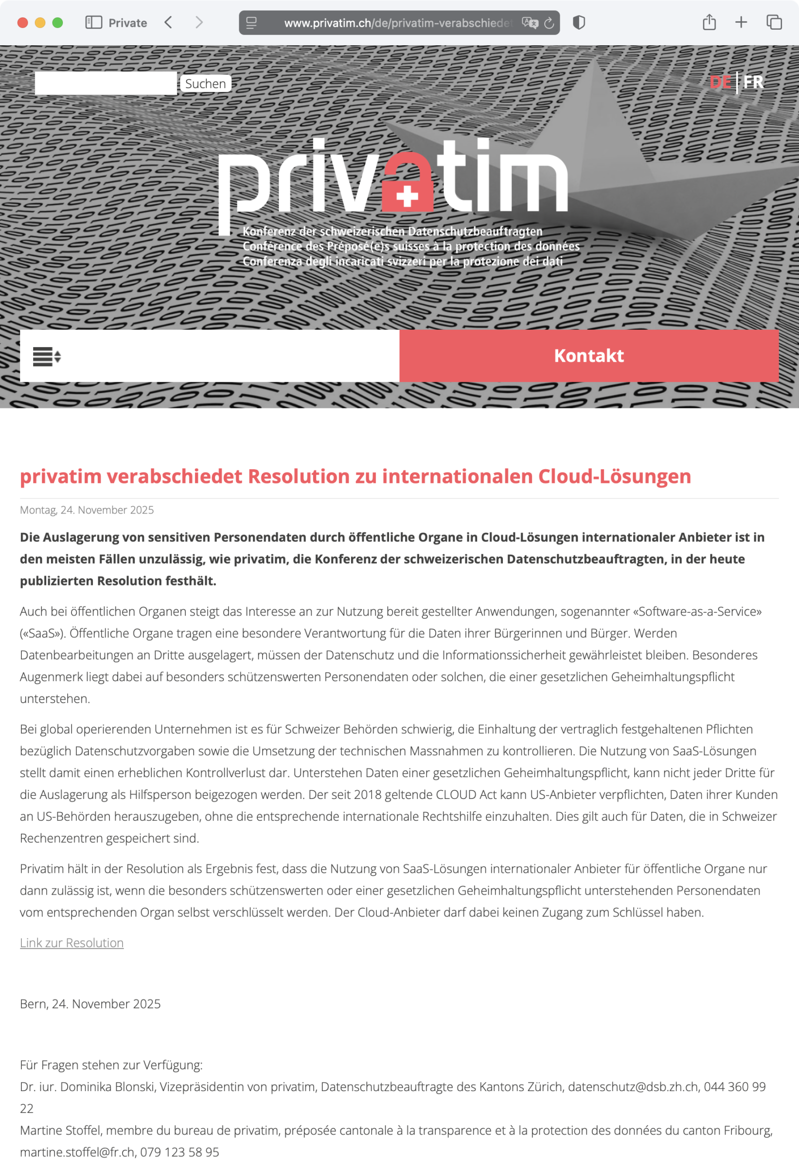 Screenshot: «privatim verabschiedet Resolution zu internationalen Cloud-Lösungen» (24. November 2025)