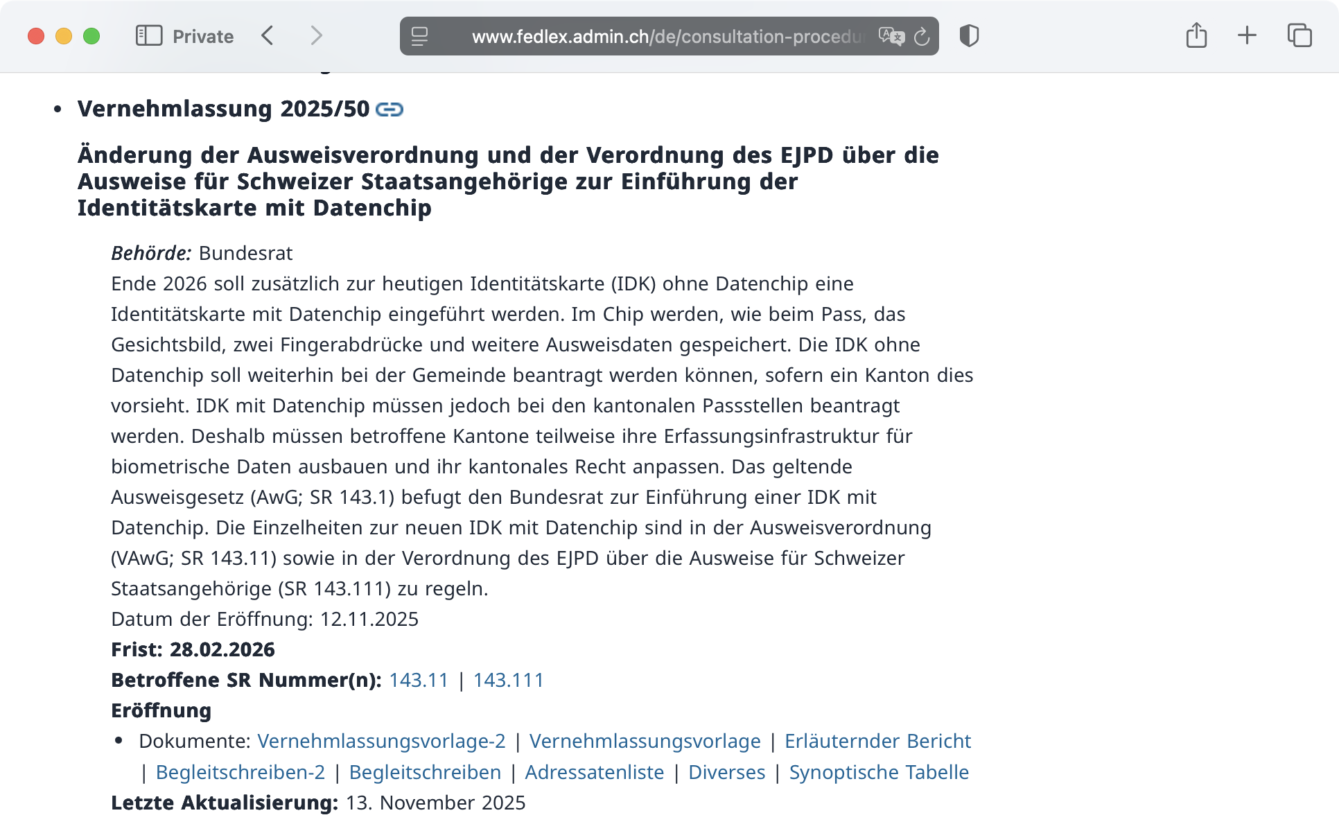 Screenshot: Vernehmlassung über die biometrische Identitätskarte