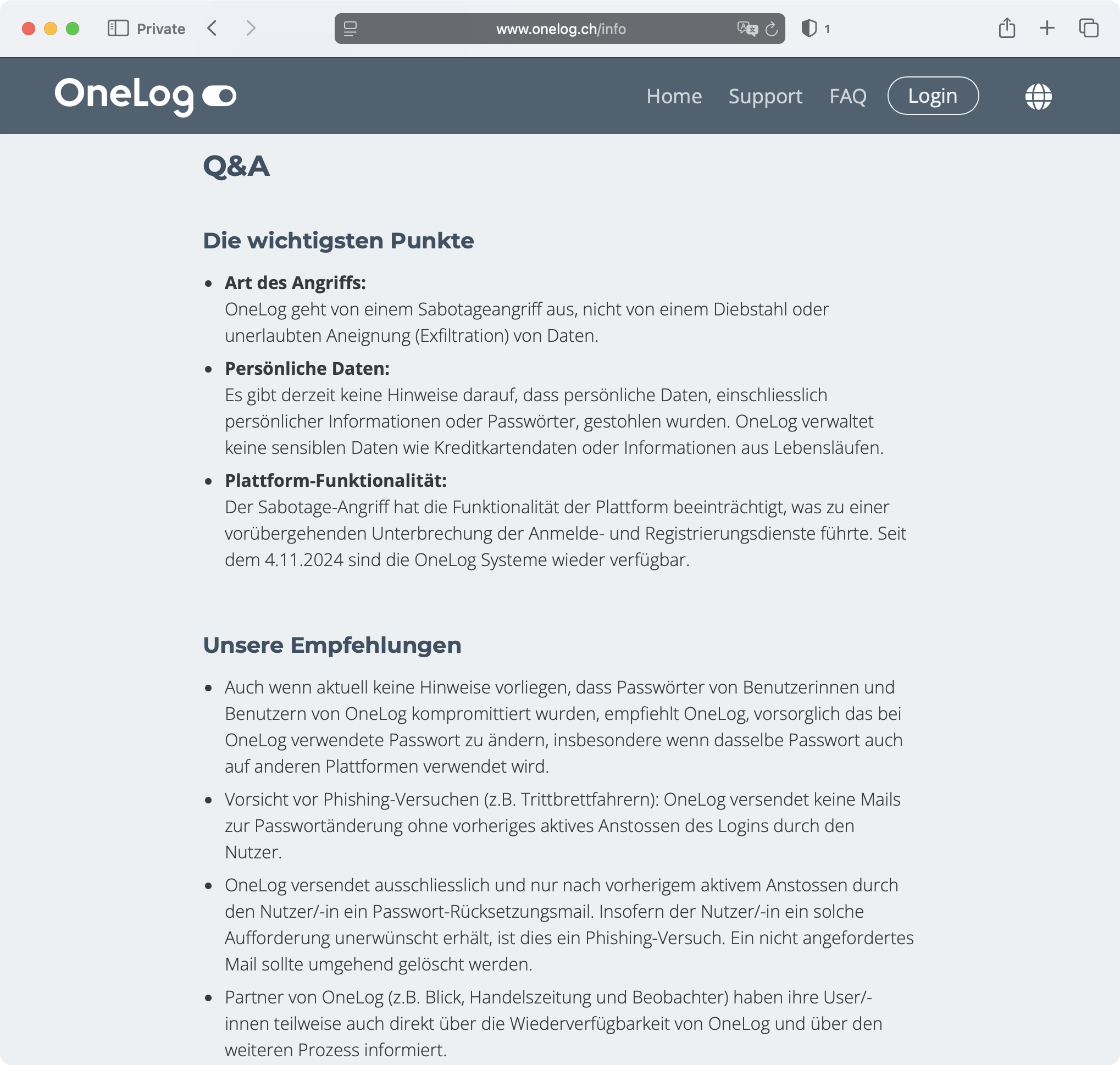 Screenshot: FAQ von OneLog zur Datenpanne (Auszug)