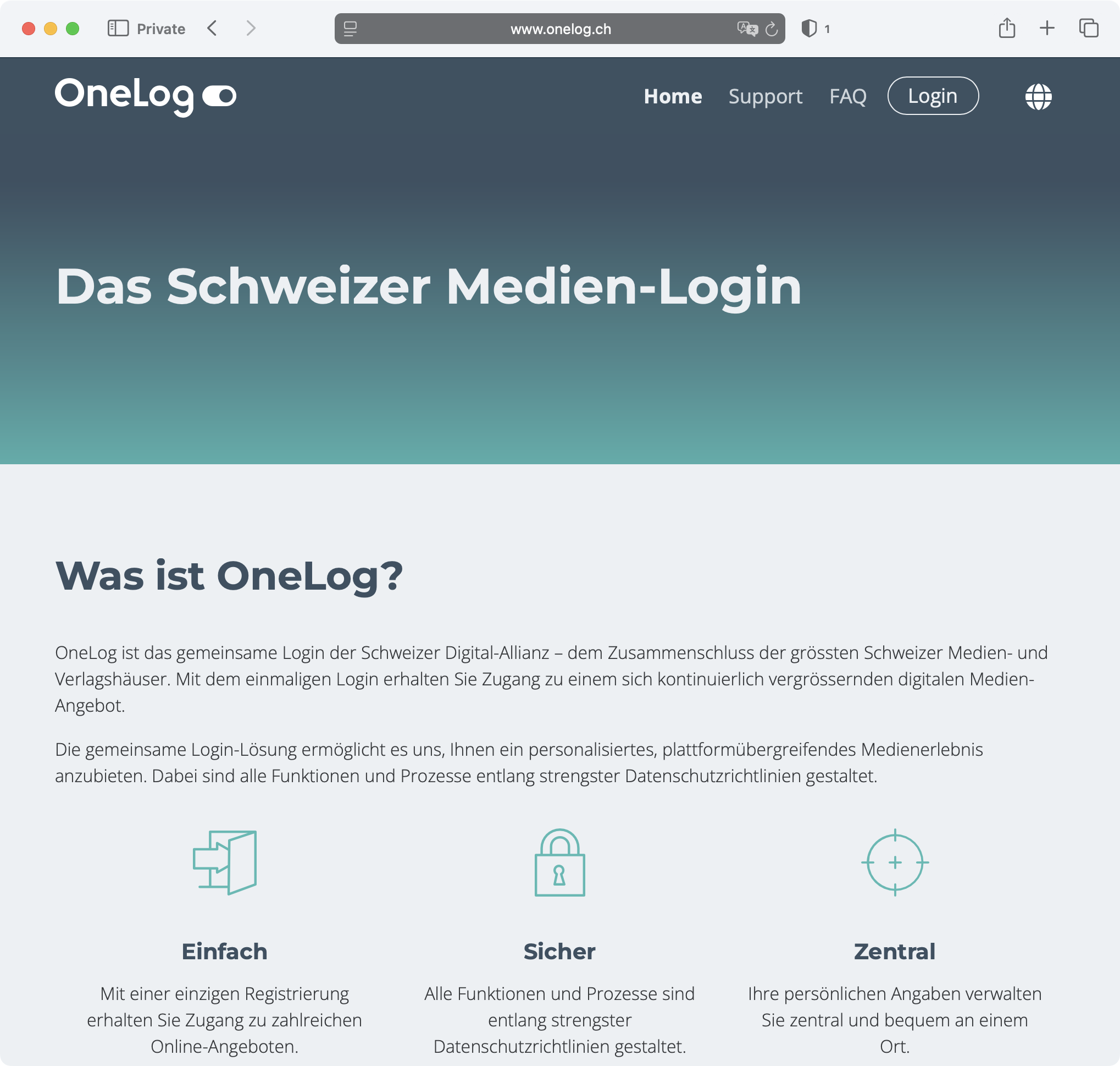 Screenshot: Homepage von OneLog
