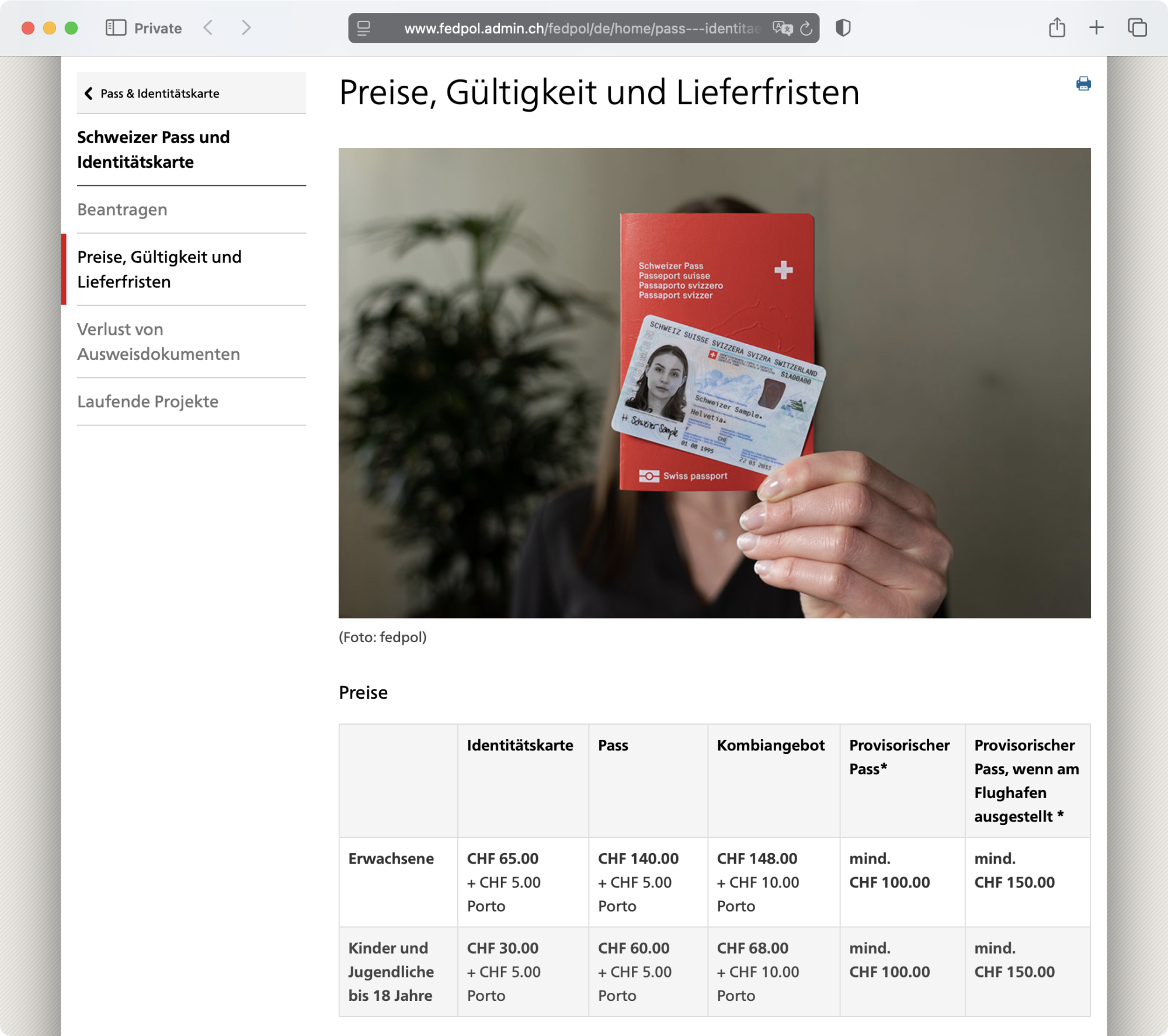 Screenshot: Preise für Schweizer Pass und Identitätskarte