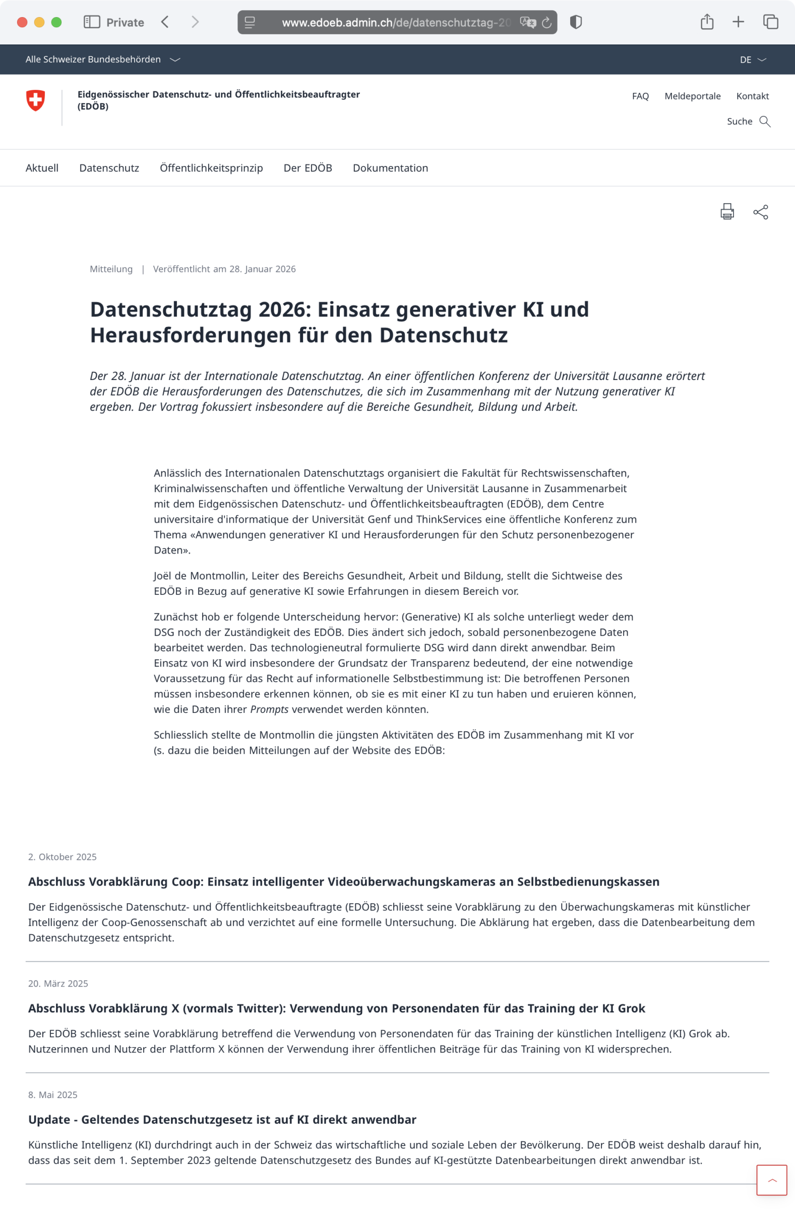 Screenshot: Mitteilung «Datenschutztag 2026: Einsatz generativer KI und Herausforderungen für den Datenschutz» auf der EDÖB-Website