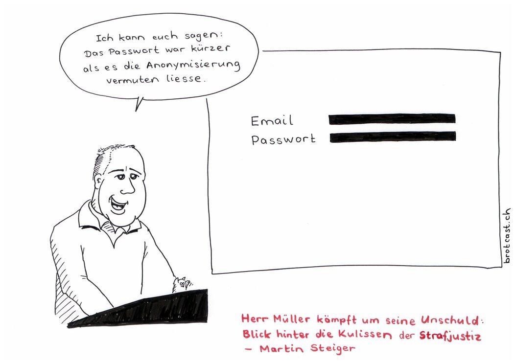 Cartoon: Rechtsanwalt Martin Steiger hält einen Vortrag am Winterkongress 2026 der Digitalen Gesellschaft in Zürich