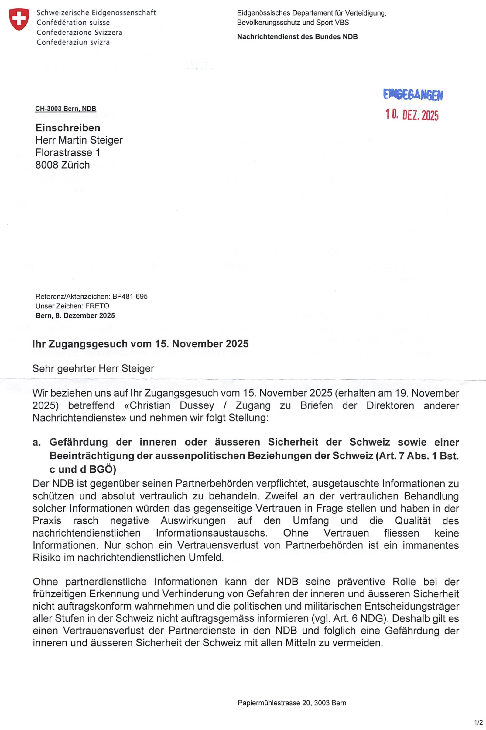 Dokument: Schreiben des Nachrichtendienstes des Bundes (NDB) vom 8. Dezember 2025