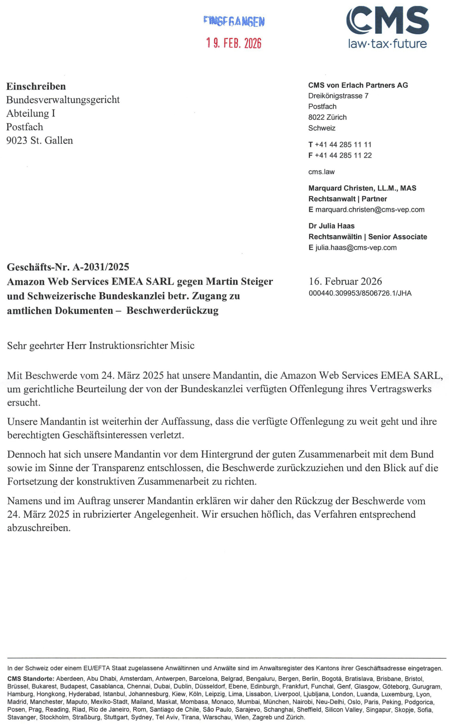 Dokument: Schreiben von Amazon vom 16. Februar 2026 betreffend Rückzug von Beschwerde