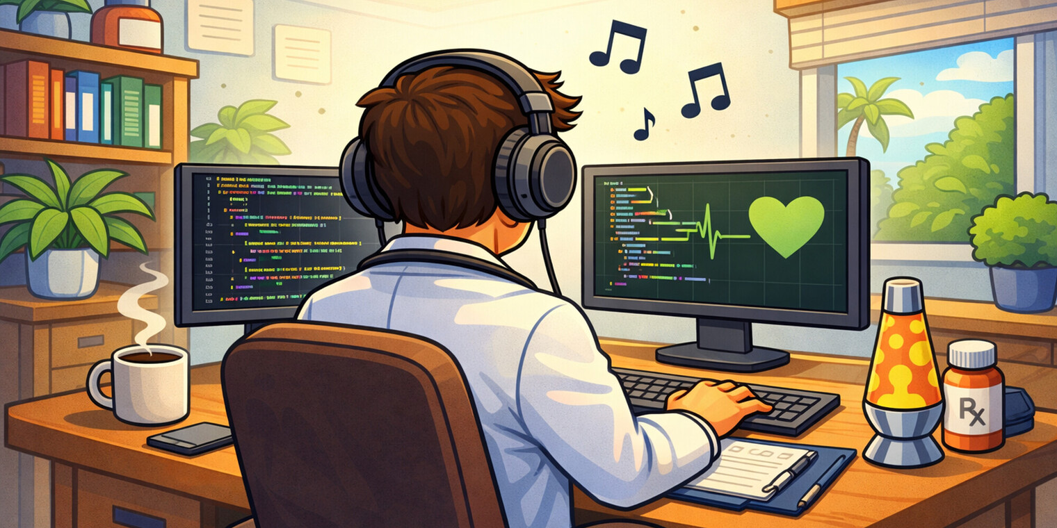 Bild: Ein Arzt sitzt am Computer und nutzt «Vibe Coding» (KI-generiert)