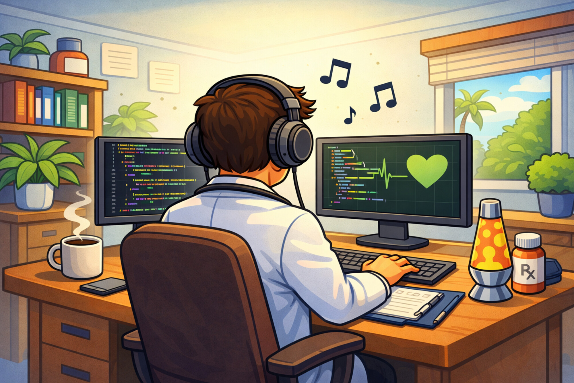 Bild: Ein Arzt sitzt am Computer und nutzt «Vibe Coding» (KI-generiert)